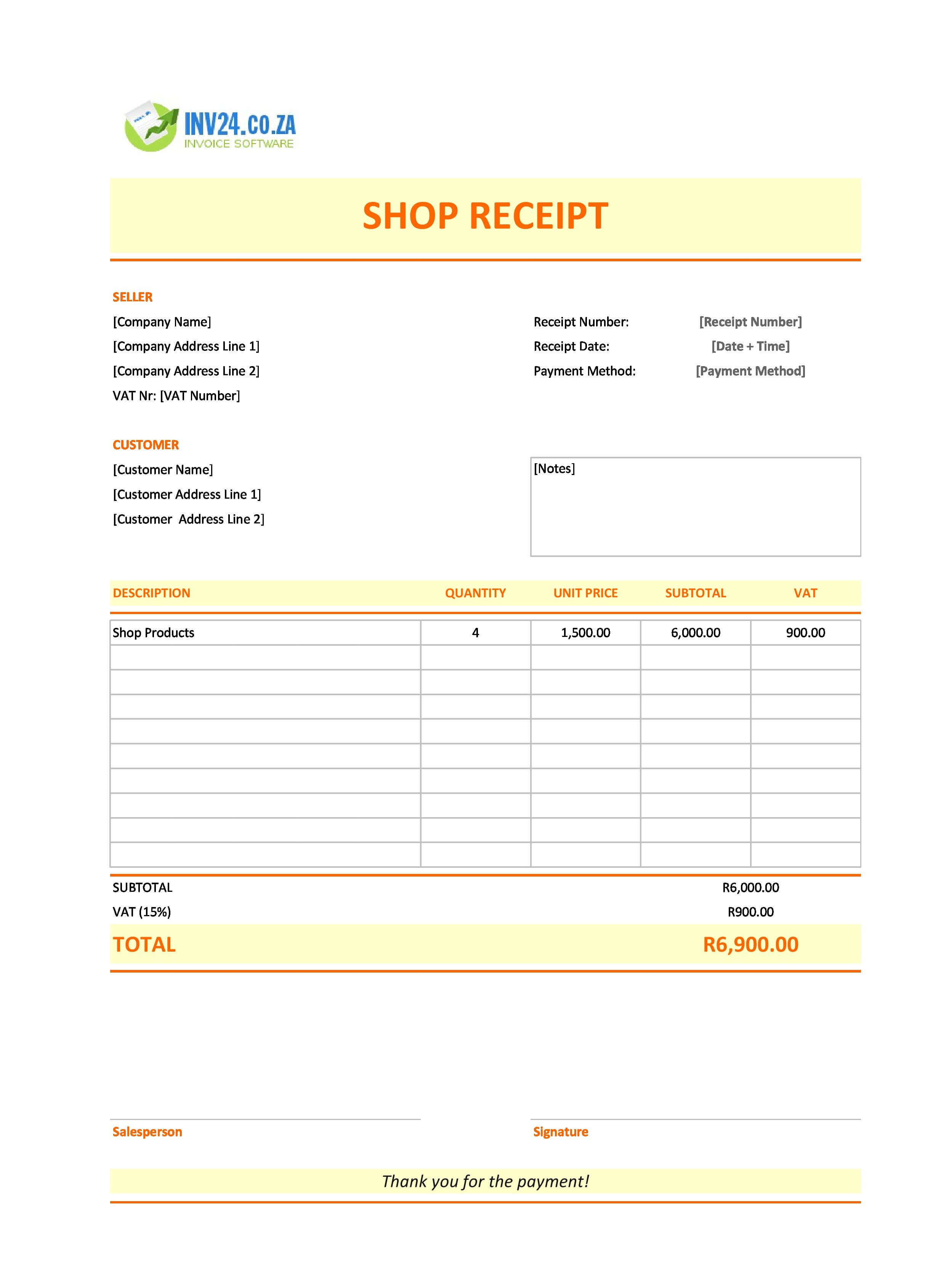 Shop Receipt Template for South Africa (Excel / Google Sheets)