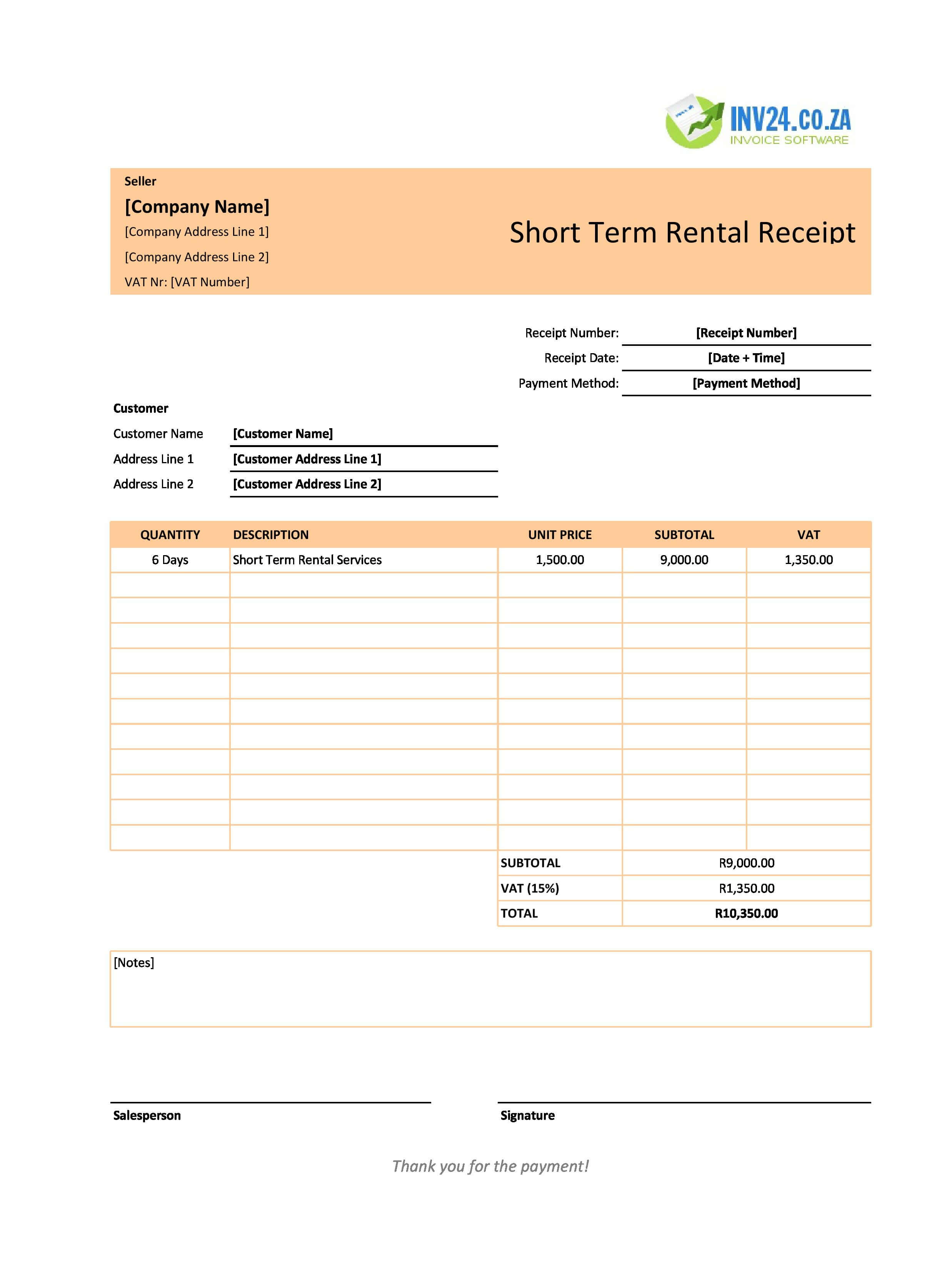 Short Term Rental Receipt Template for South Africa (Excel / Google Sheets)