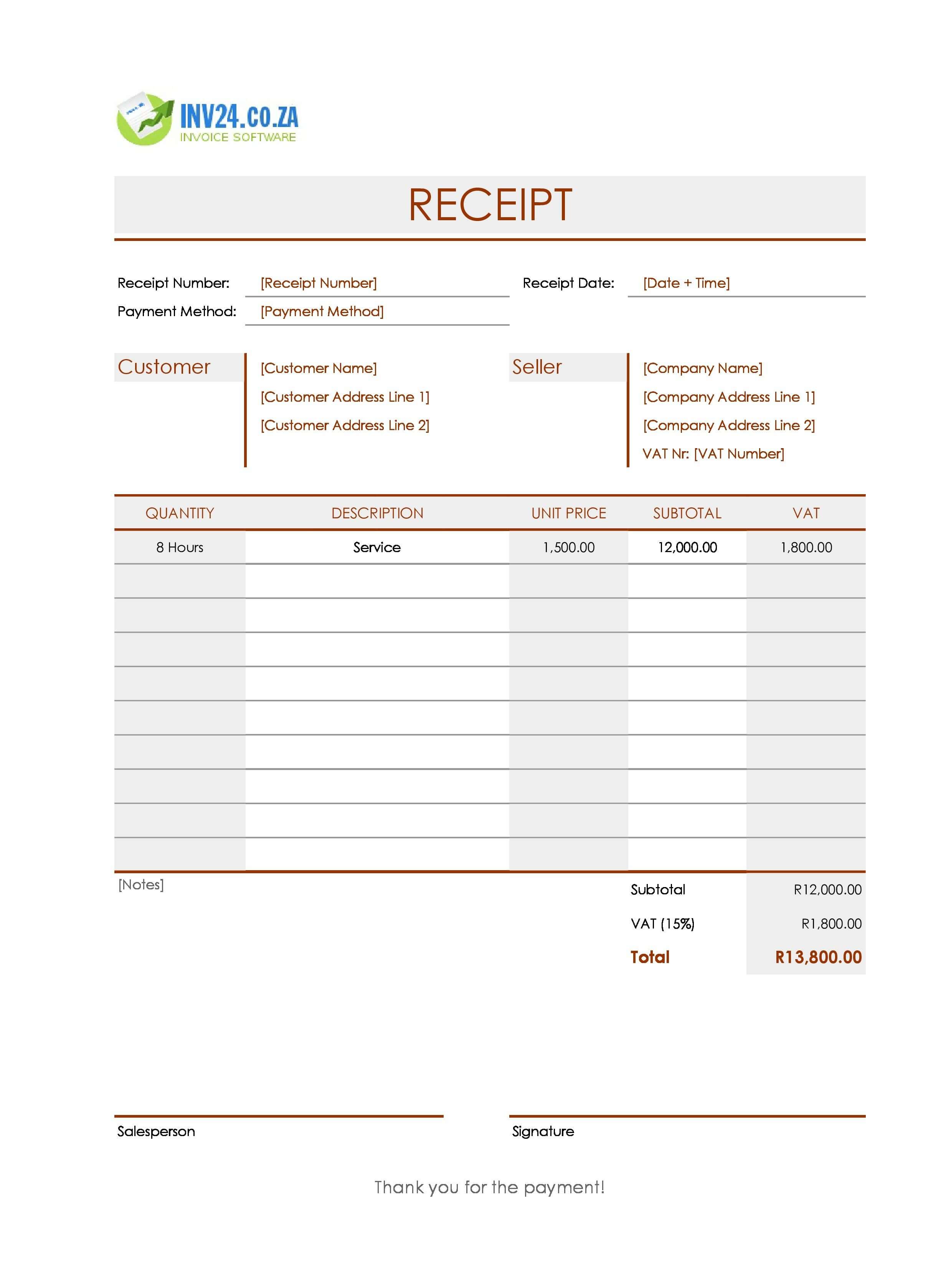 Simple Receipt Template for South Africa (Excel / Google Sheets)