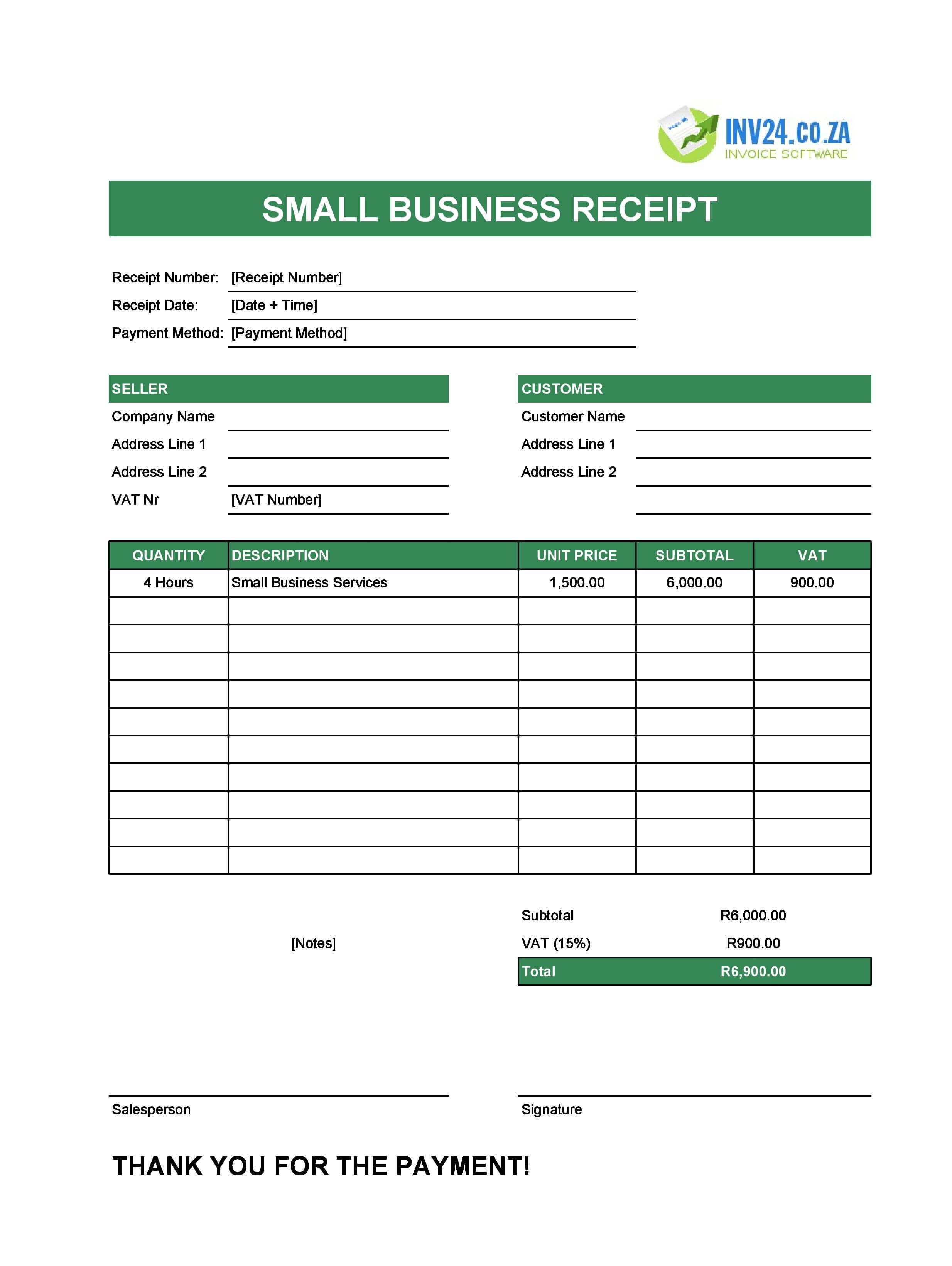 Small Business Receipt Template for South Africa (Excel / Google Sheets)