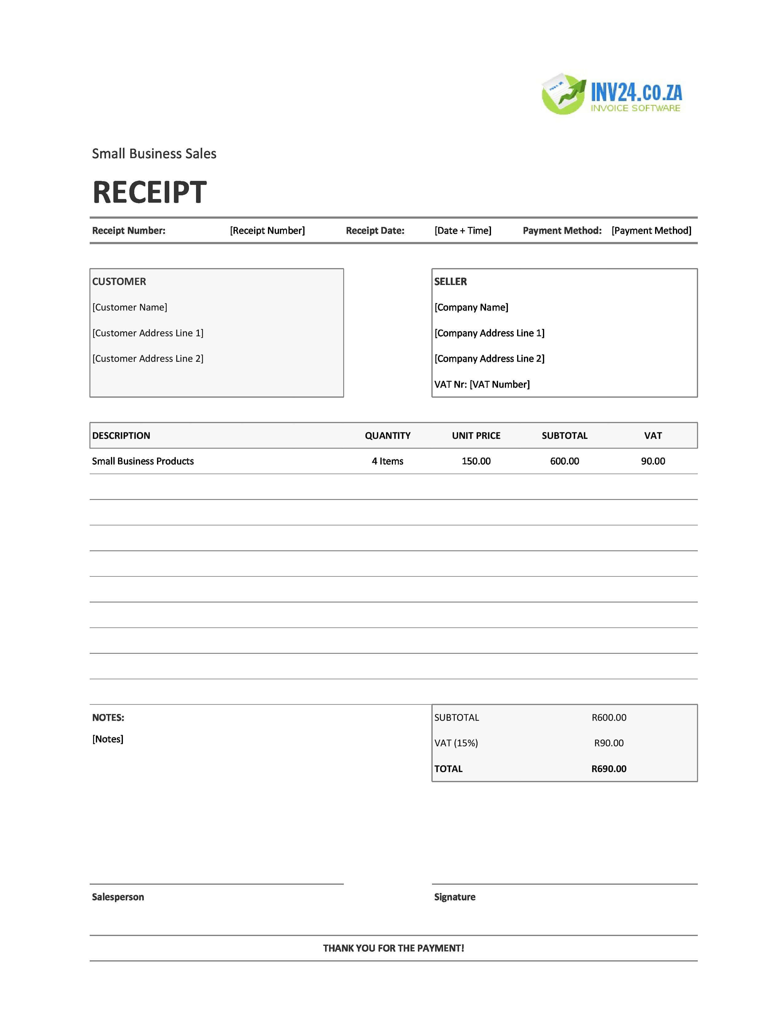 Small Business Sales Receipt Template for South Africa (Excel / Google Sheets)