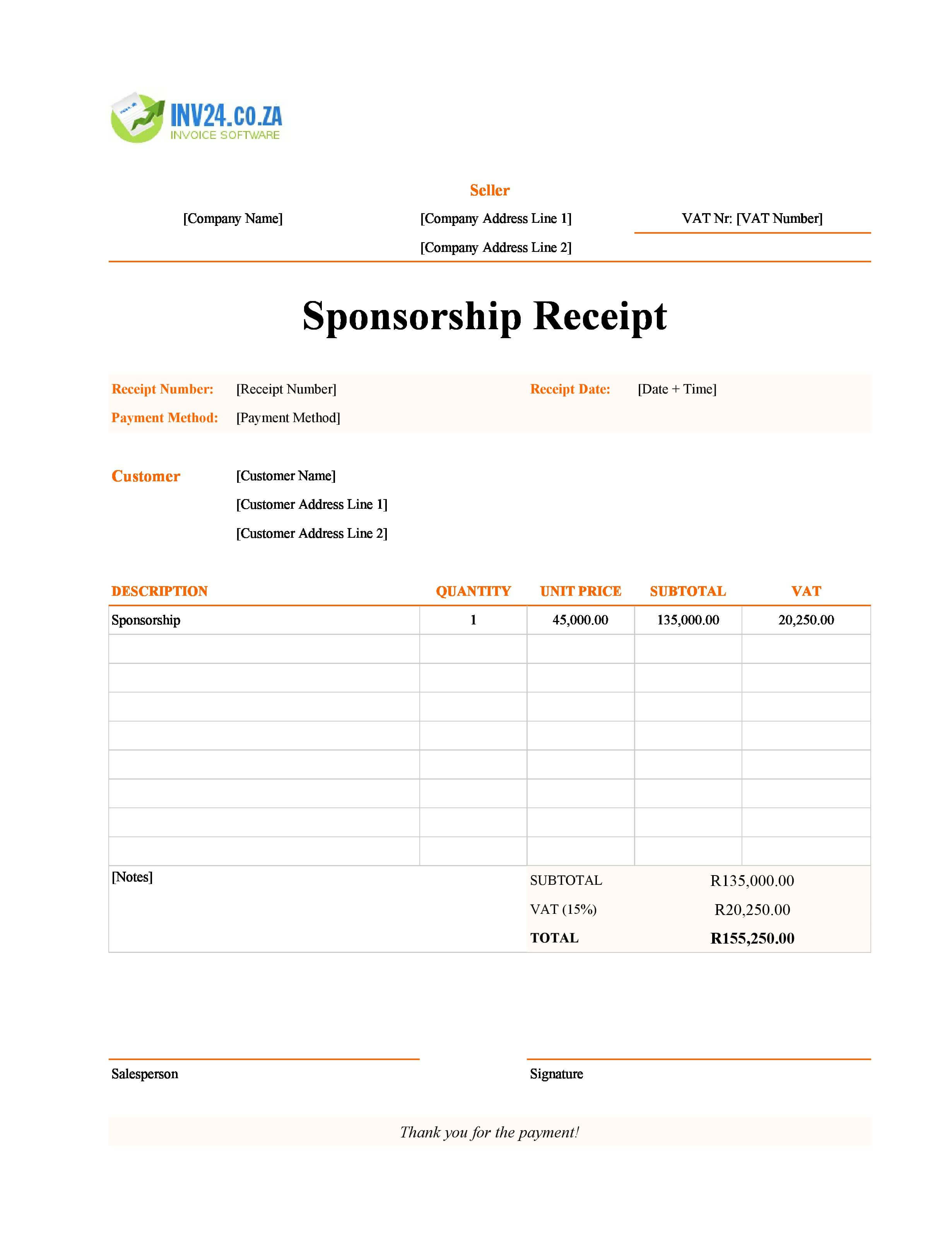Sponsorship Receipt Template for South Africa (Excel / Google Sheets)