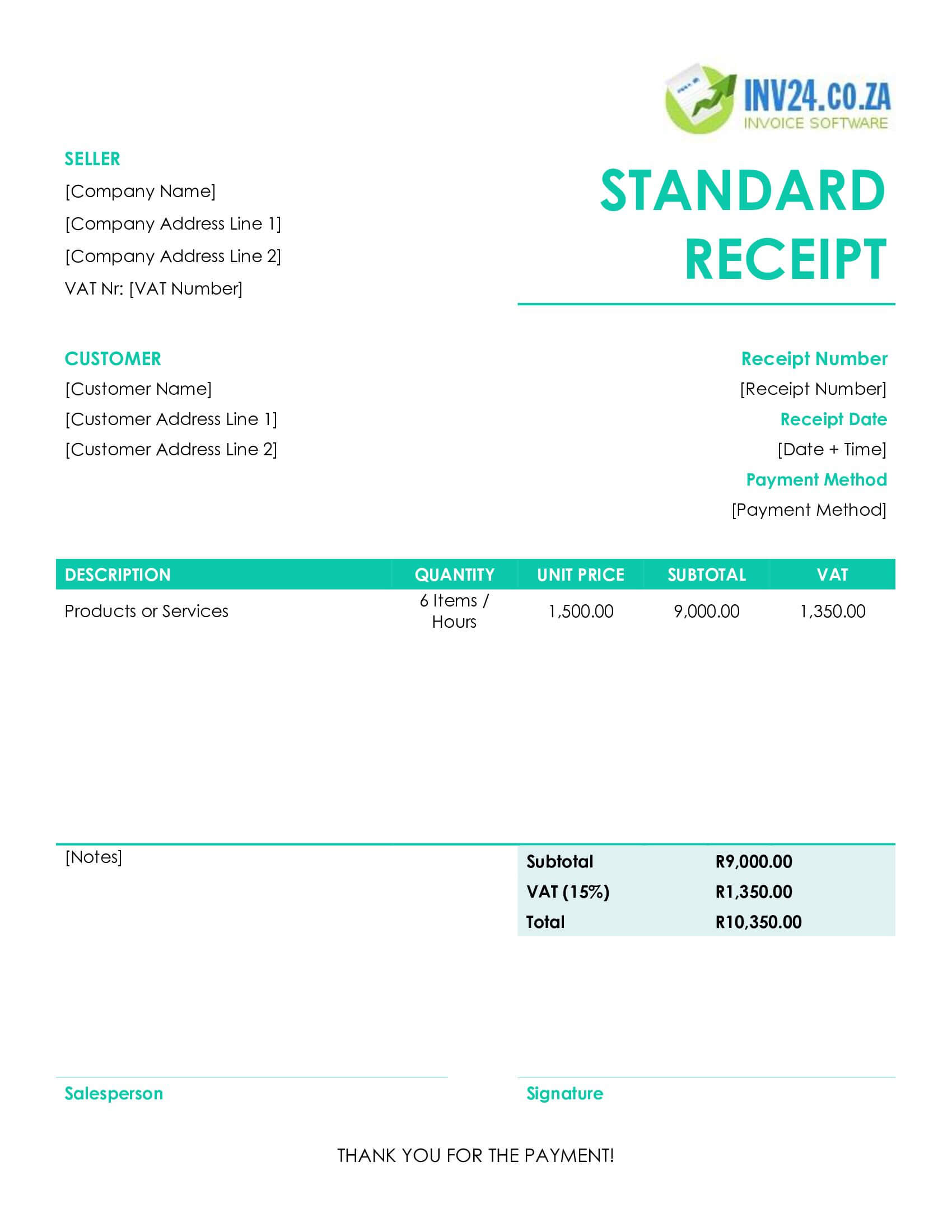 Standard Receipt Template for South Africa (Word / Google Docs)