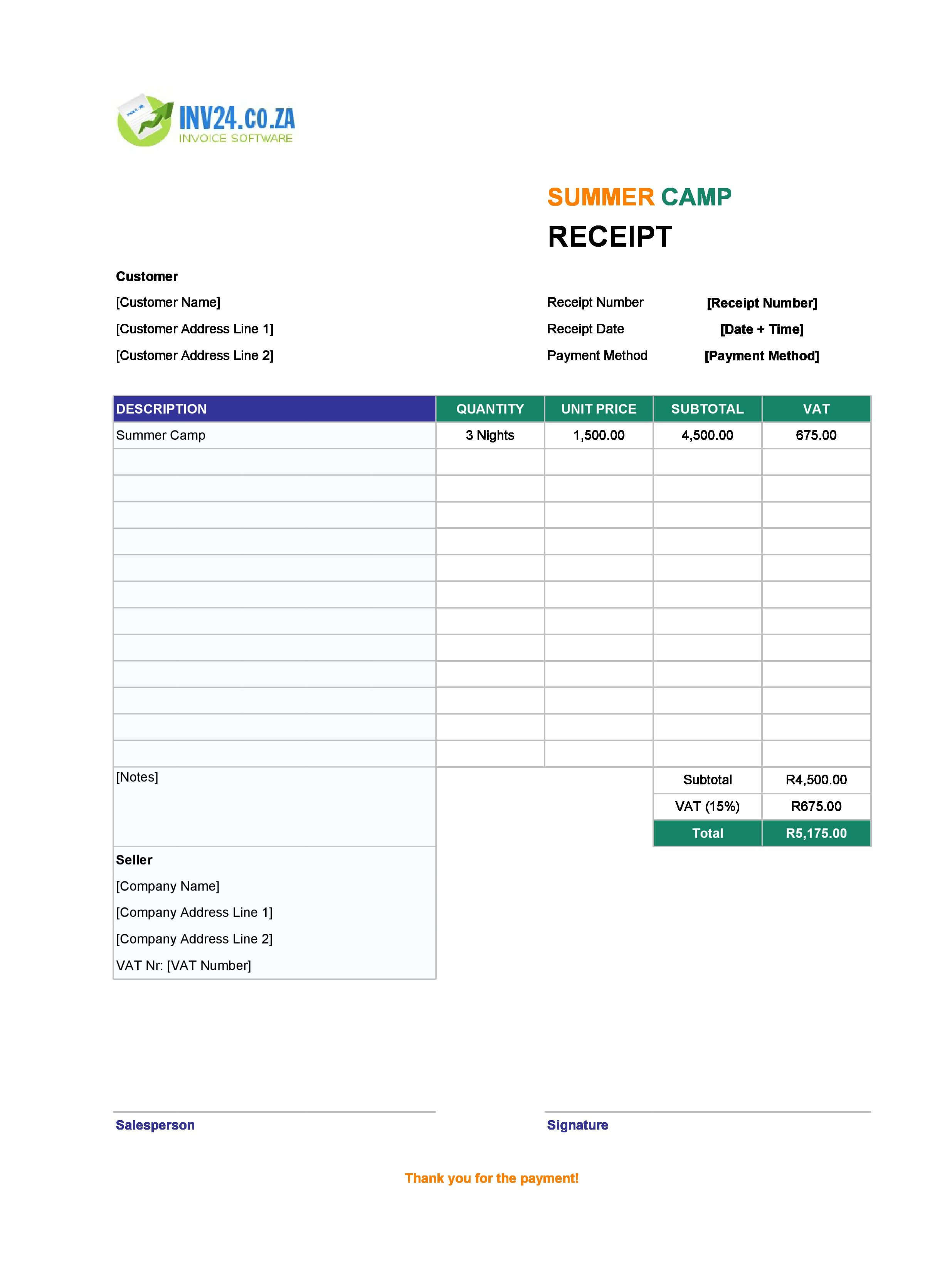 Summer Camp Receipt Template for South Africa (Excel / Google Sheets)