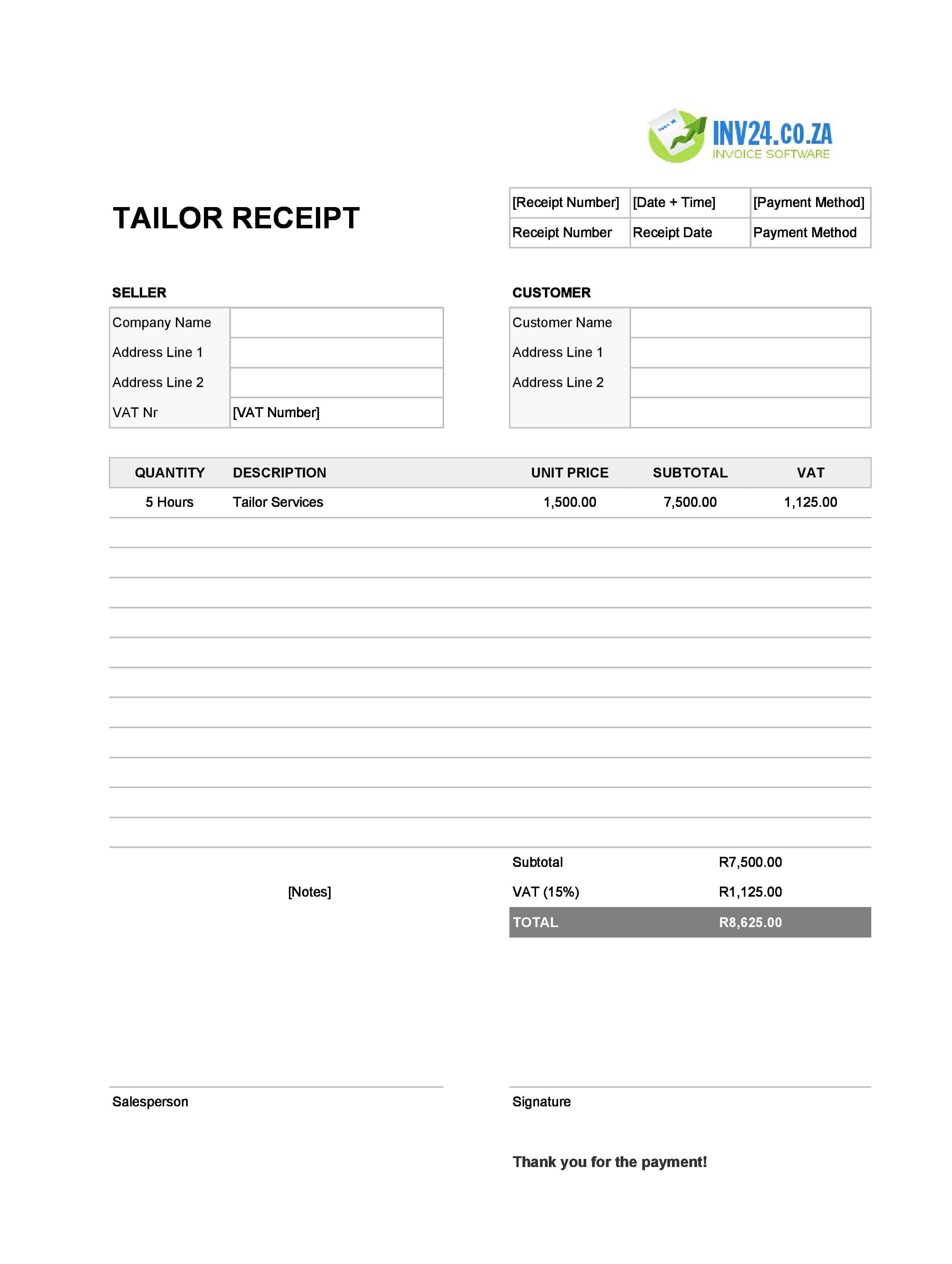 Tailor Receipt Template for South Africa (Excel / Google Sheets)