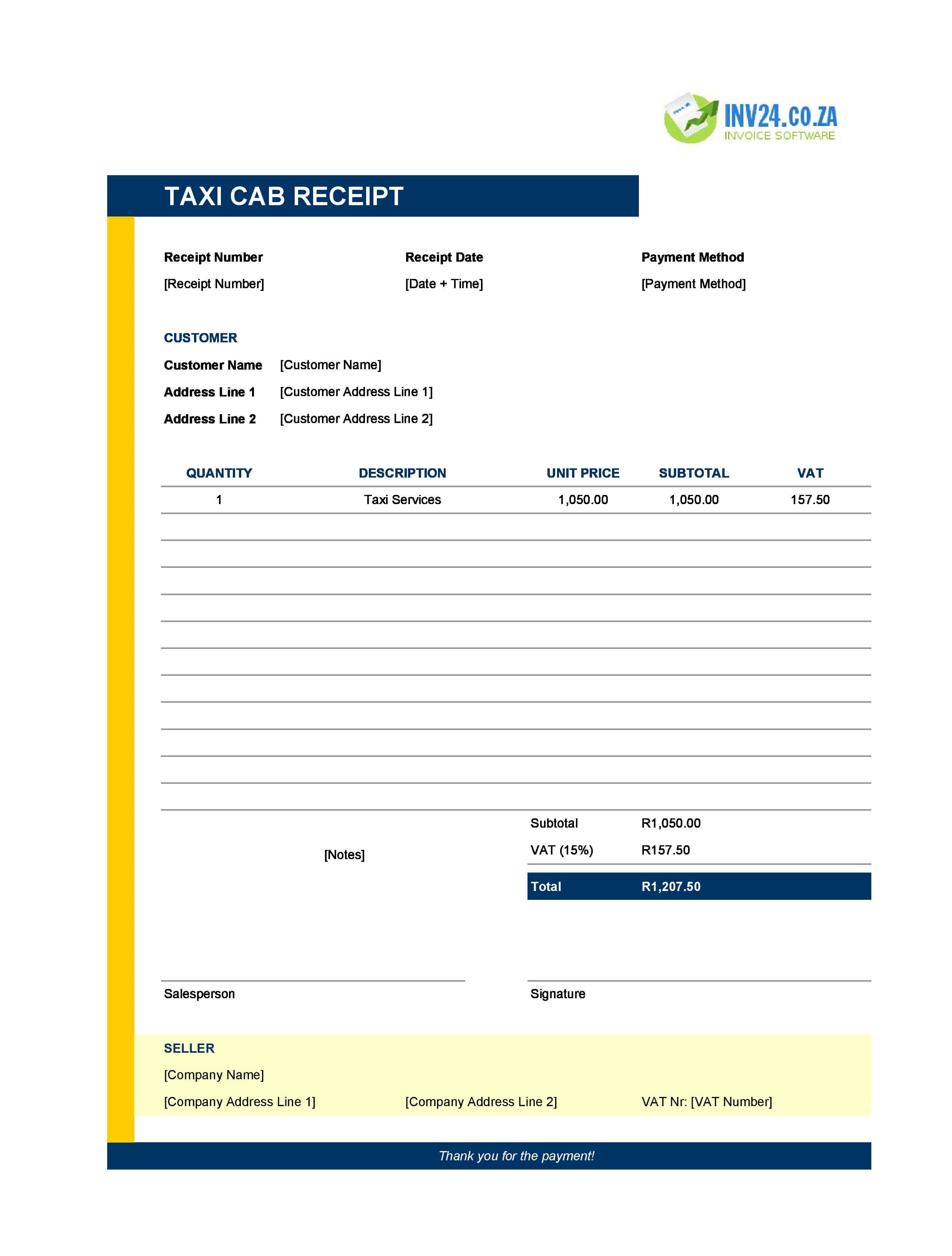 Taxi Cab Receipt Template for South Africa (Excel / Google Sheets)