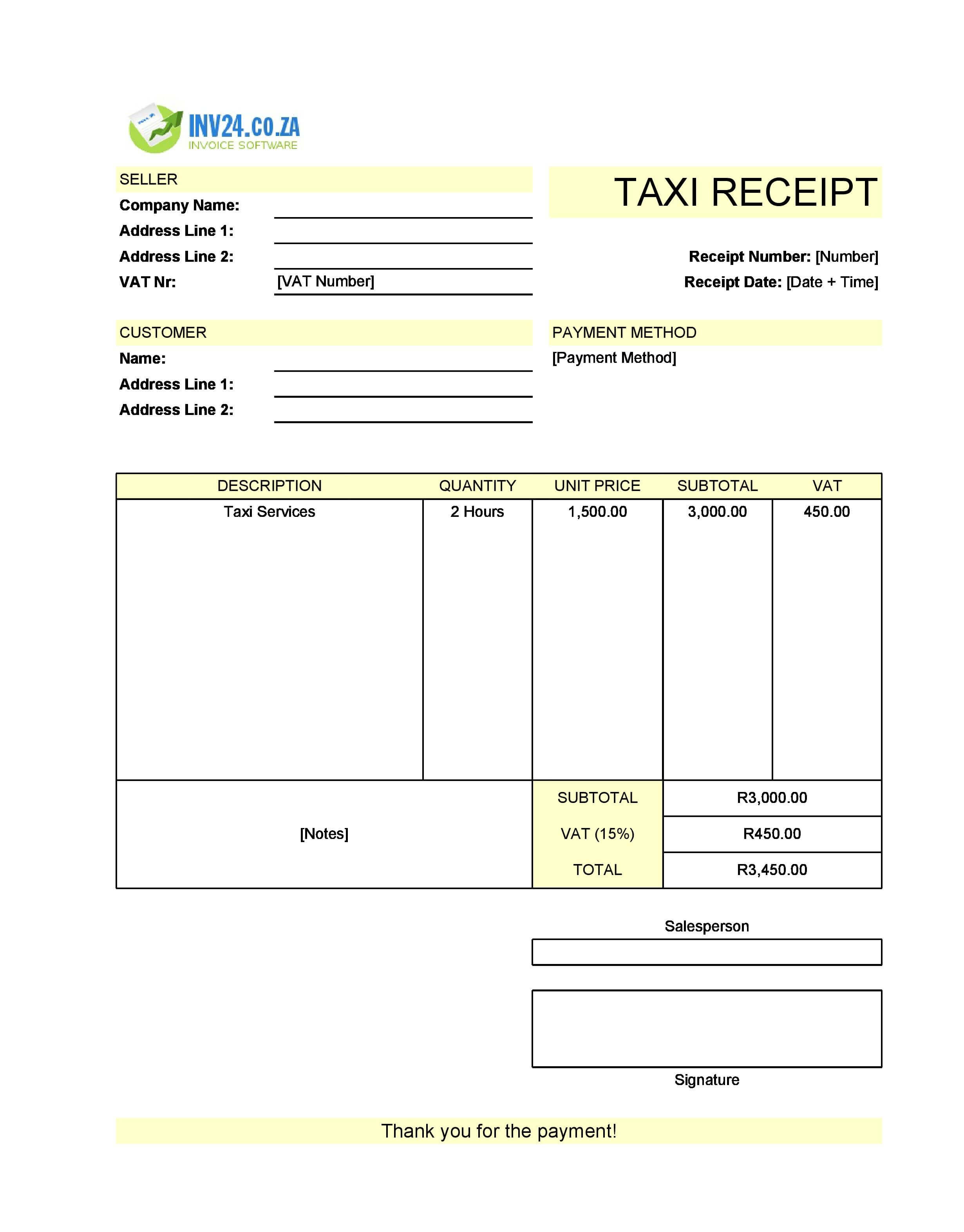 Taxi Receipt Template for South Africa (Excel / Google Sheets)