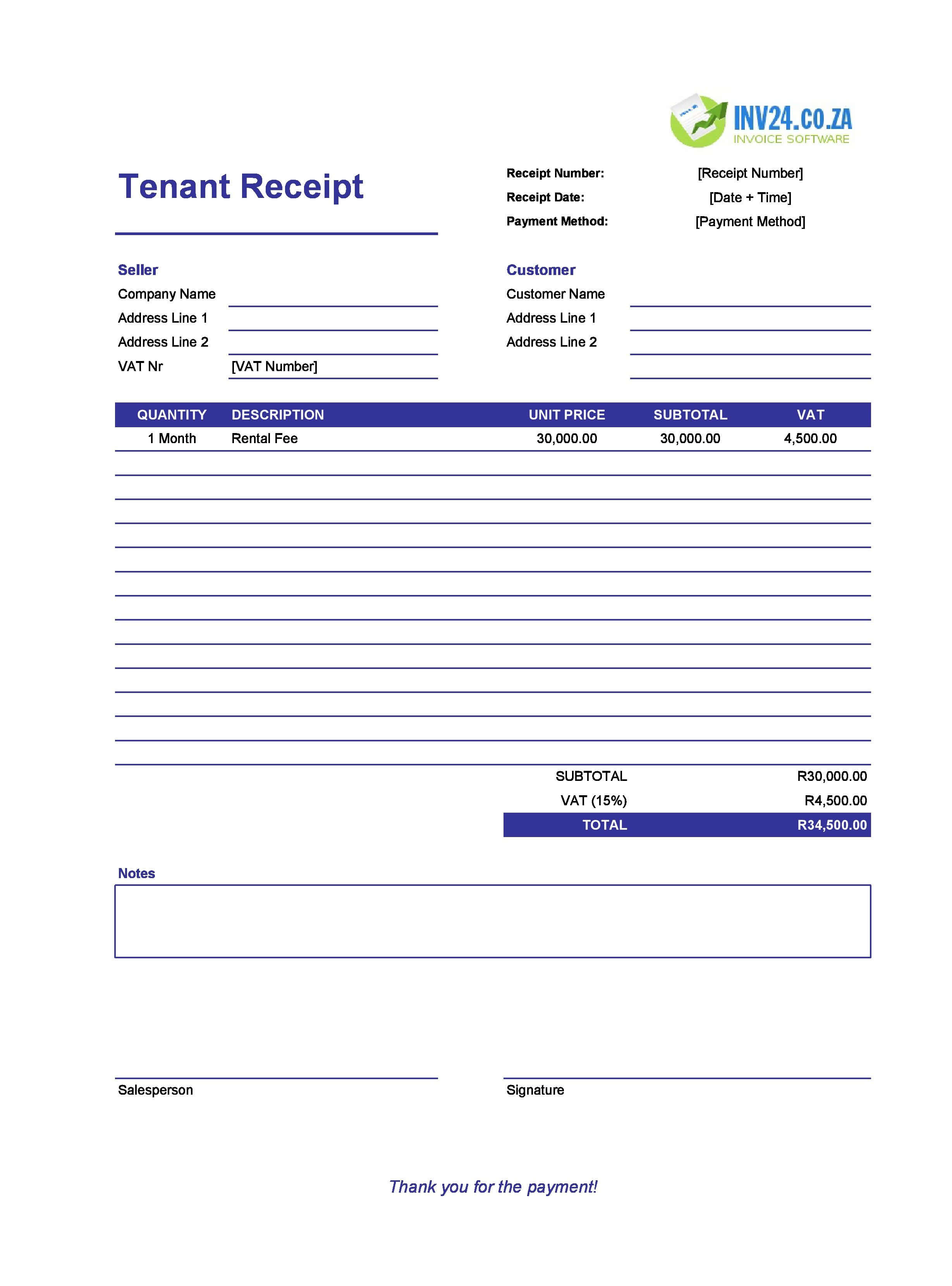 Tenant Receipt Template for South Africa (Excel / Google Sheets)