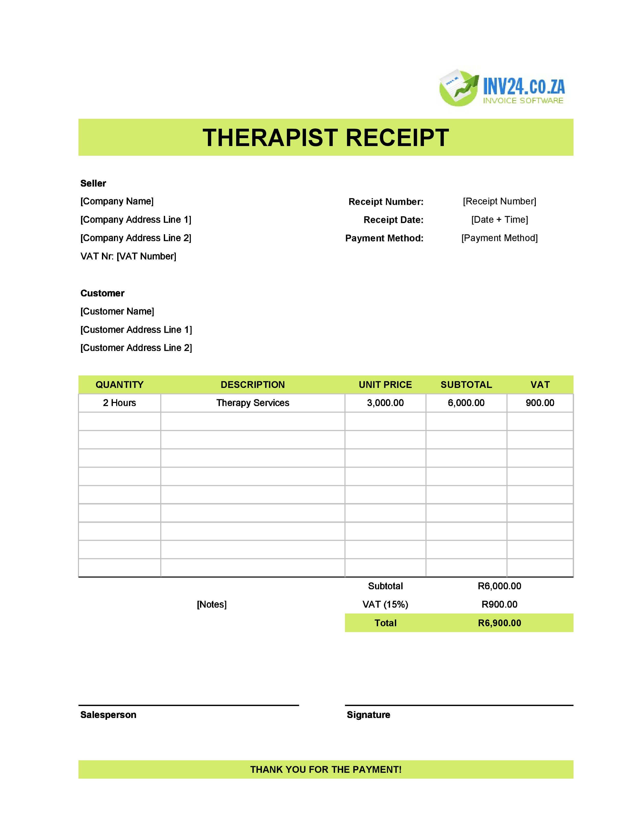 Therapist Receipt Template for South Africa (Excel / Google Sheets)