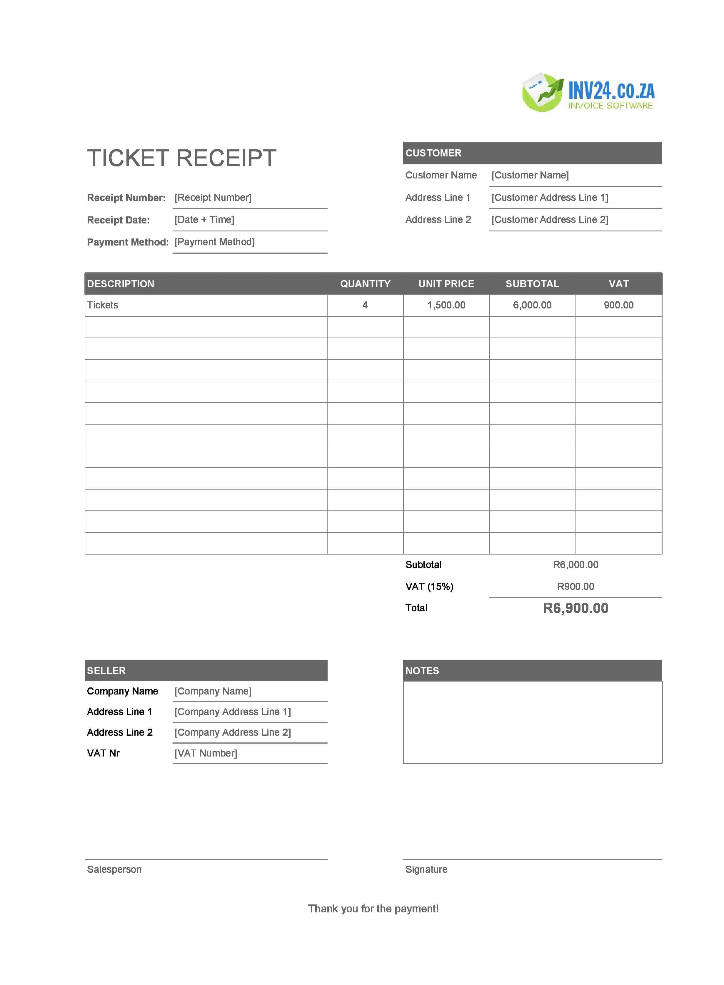 Ticket Receipt Template for South Africa (Excel / Google Sheets)