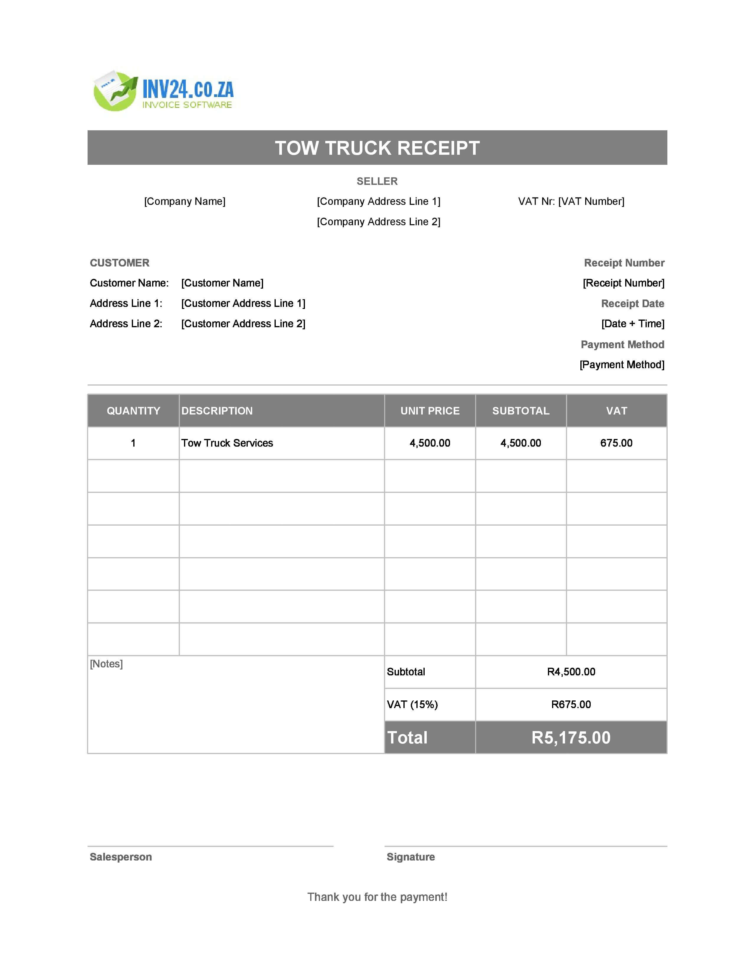 Tow Truck Receipt Template for South Africa (Excel / Google Sheets)