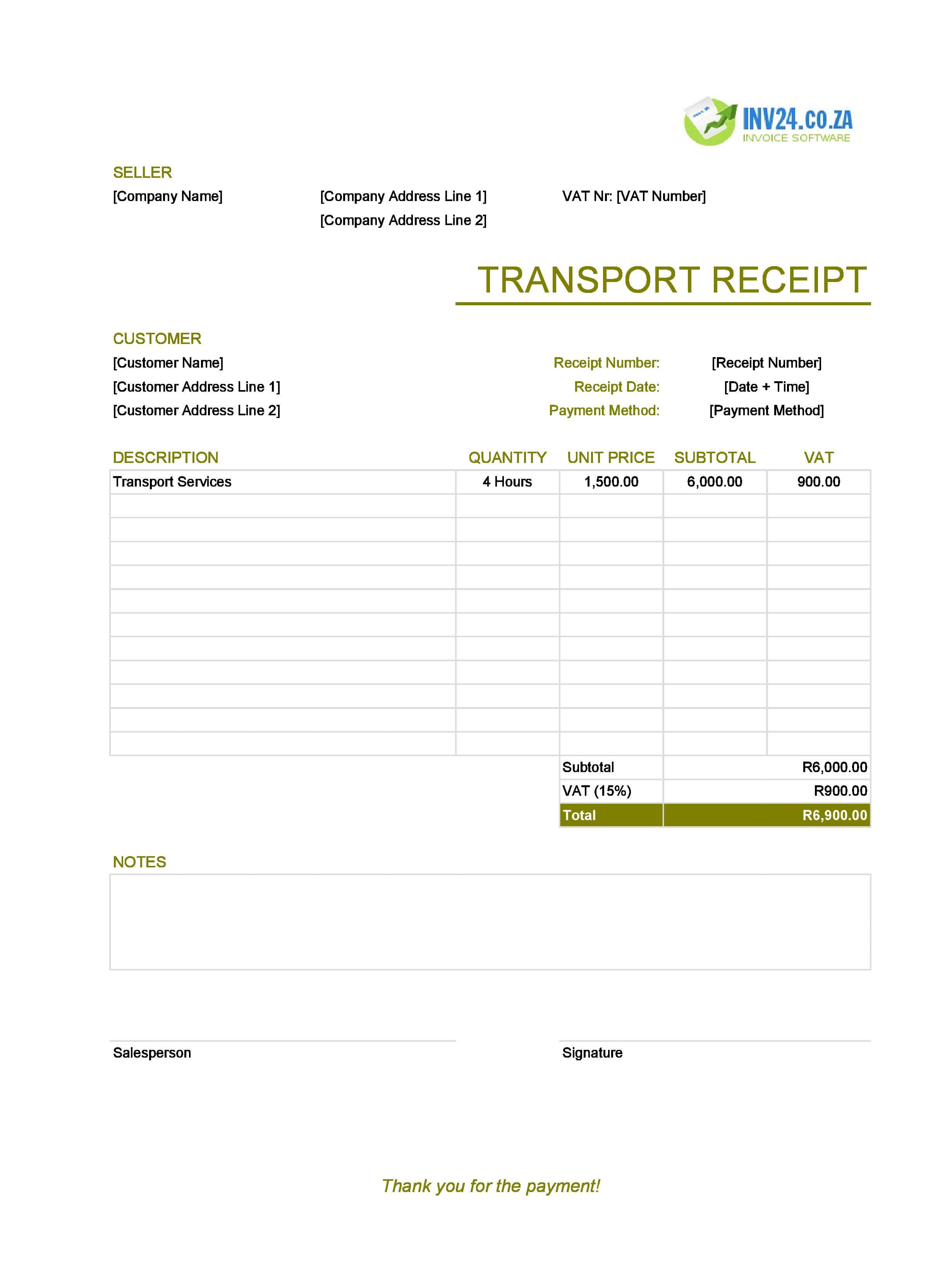 Transport Receipt Template for South Africa (Excel / Google Sheets)