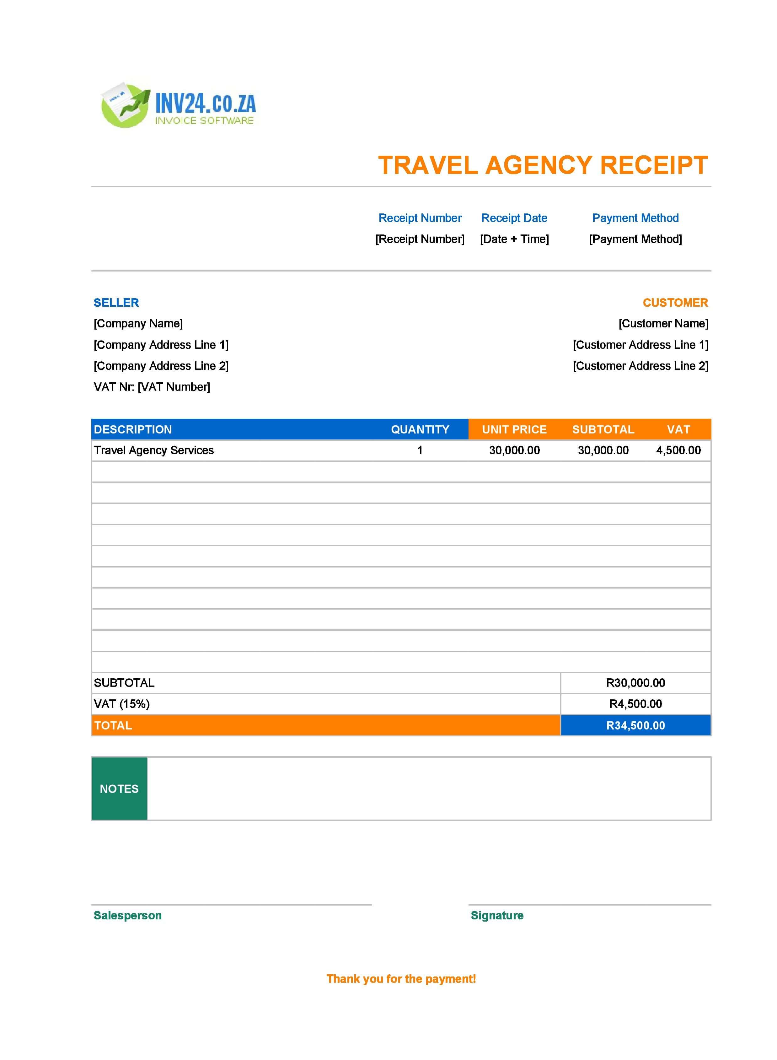 Travel Agency Receipt Template for South Africa (Excel / Google Sheets)