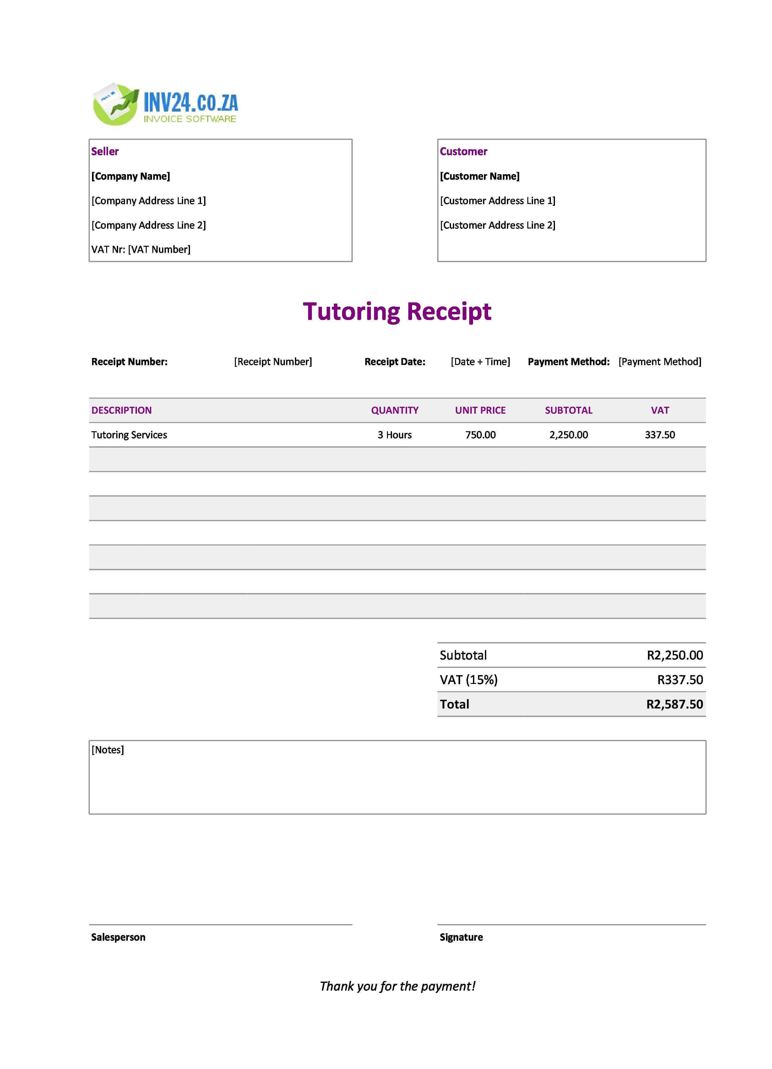 Tutoring Receipt Template for South Africa (Excel / Google Sheets)