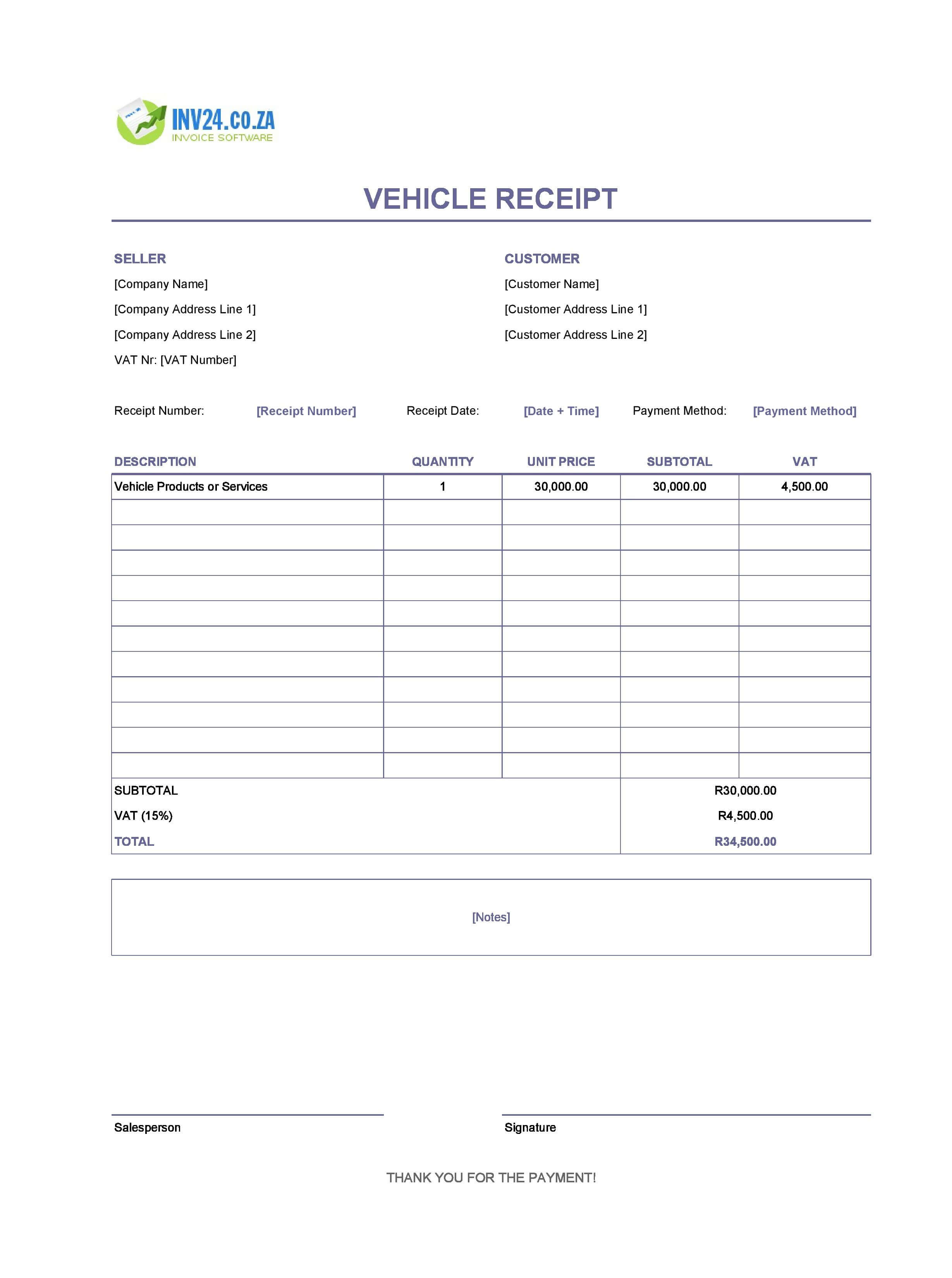 Vehicle Receipt Template for South Africa (Excel / Google Sheets)