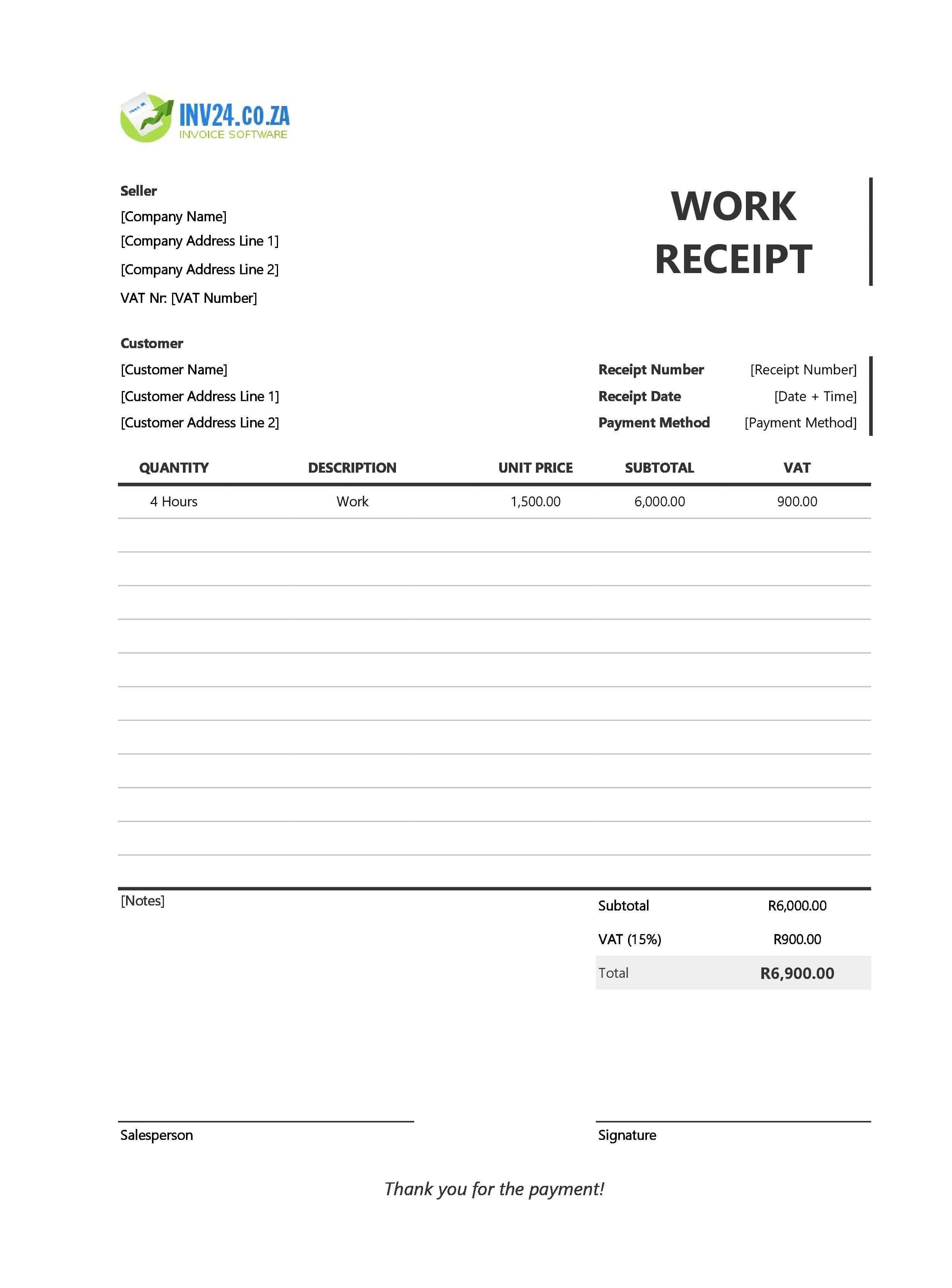 Work Receipt Template for South Africa (Excel / Google Sheets)