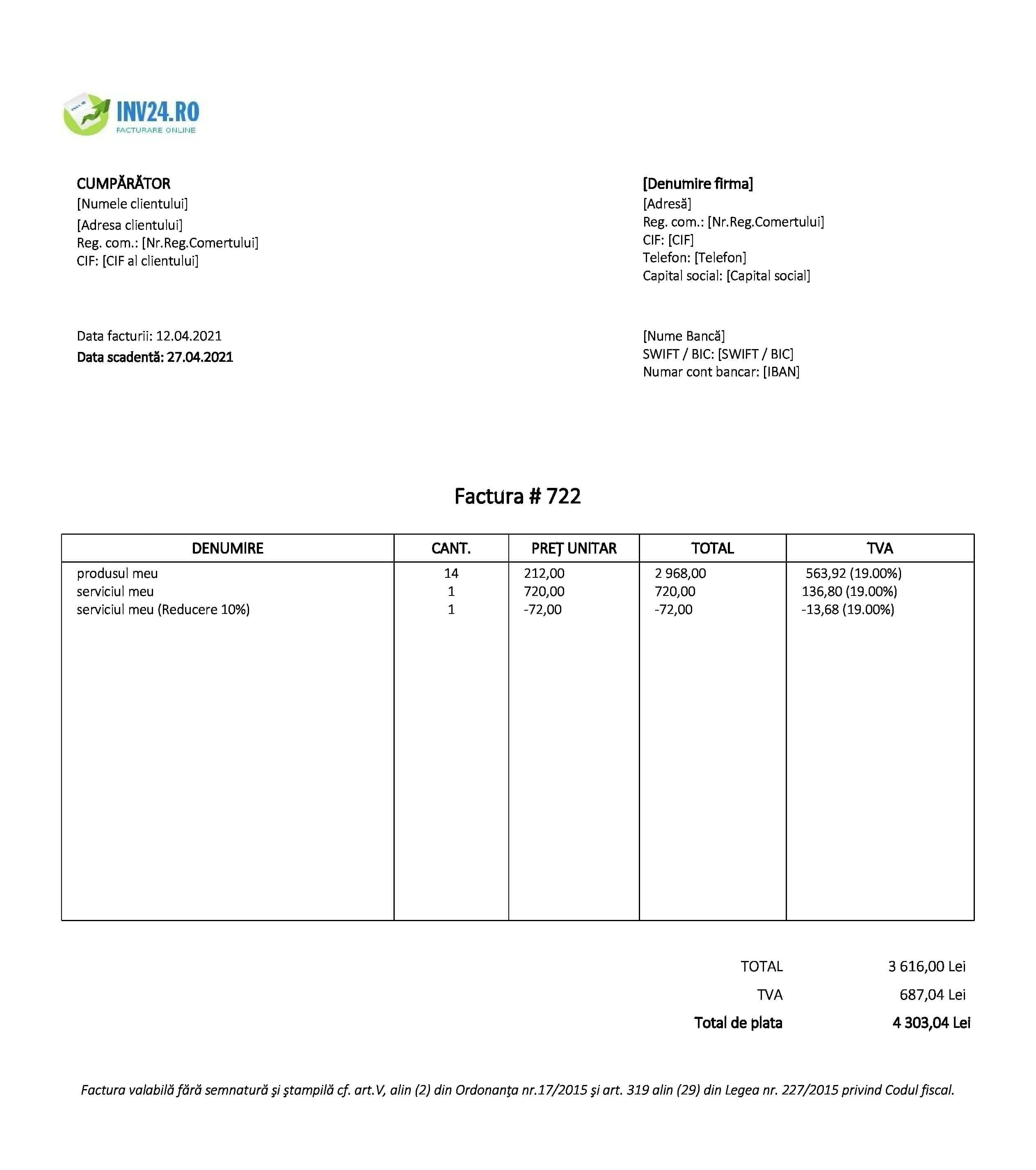 factură cu discount model (Excel / Google Sheets)