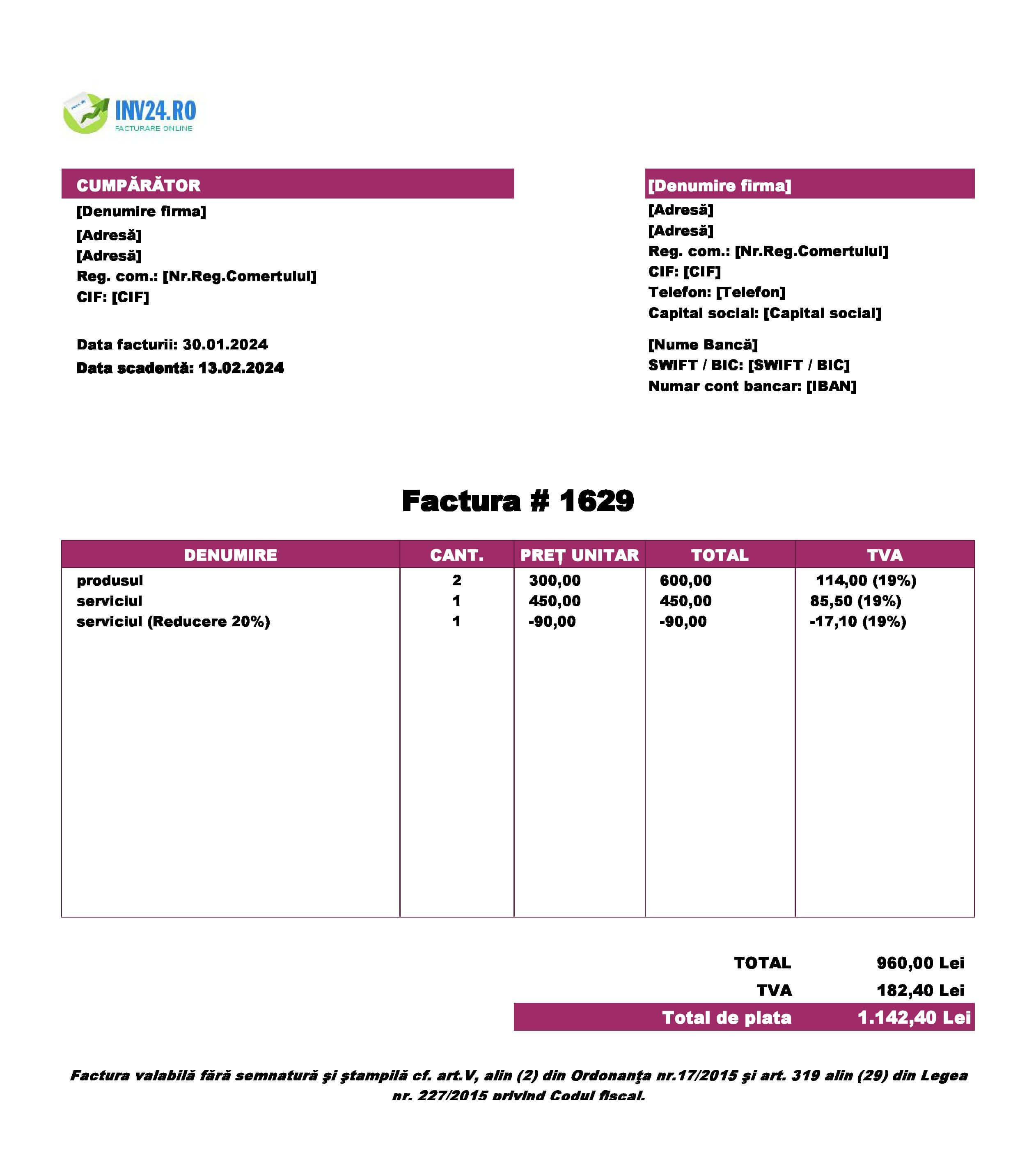 factură de achiziție model (Excel / Google Sheets)