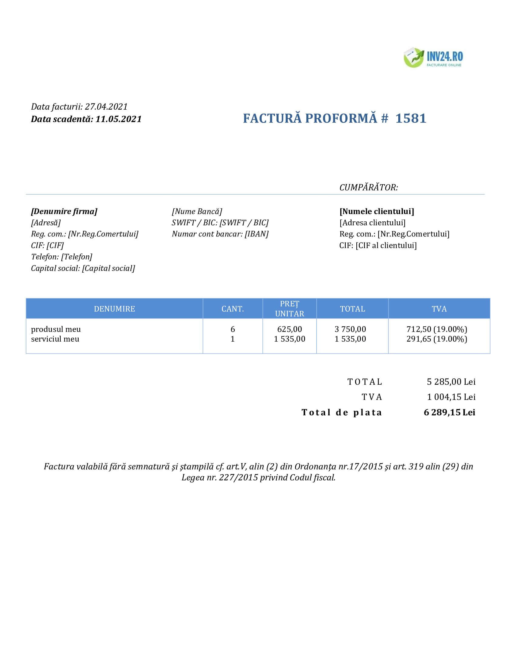 factură proforma model factură proforma model