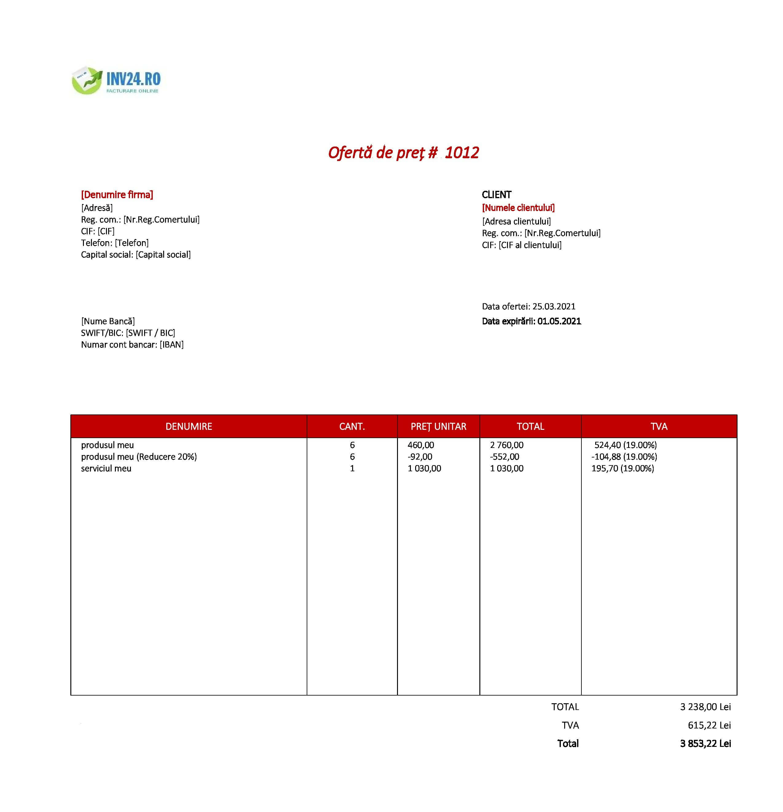 model formular ofertă de preț