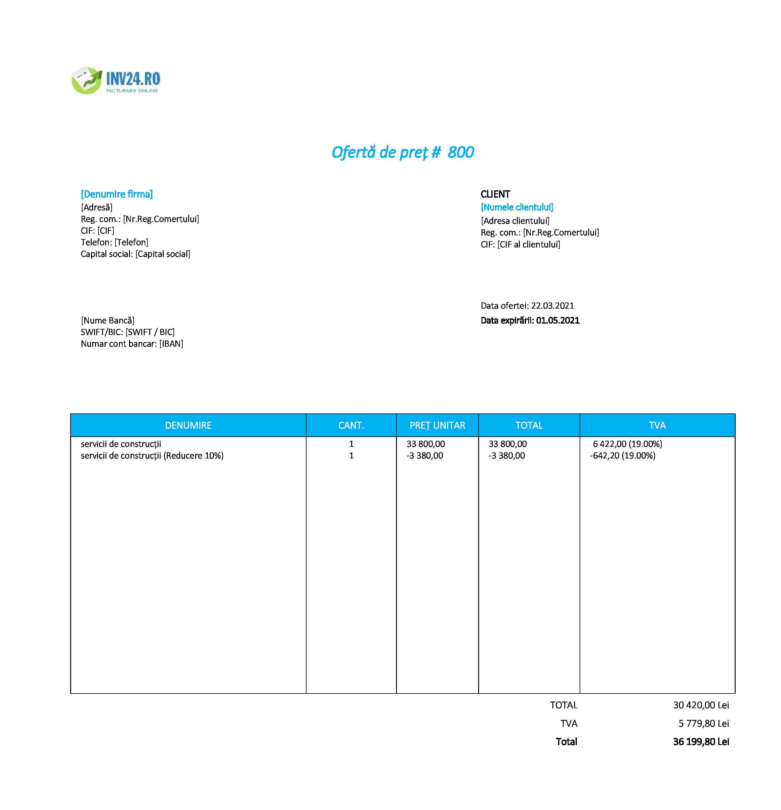 model ofertă de preț constructii