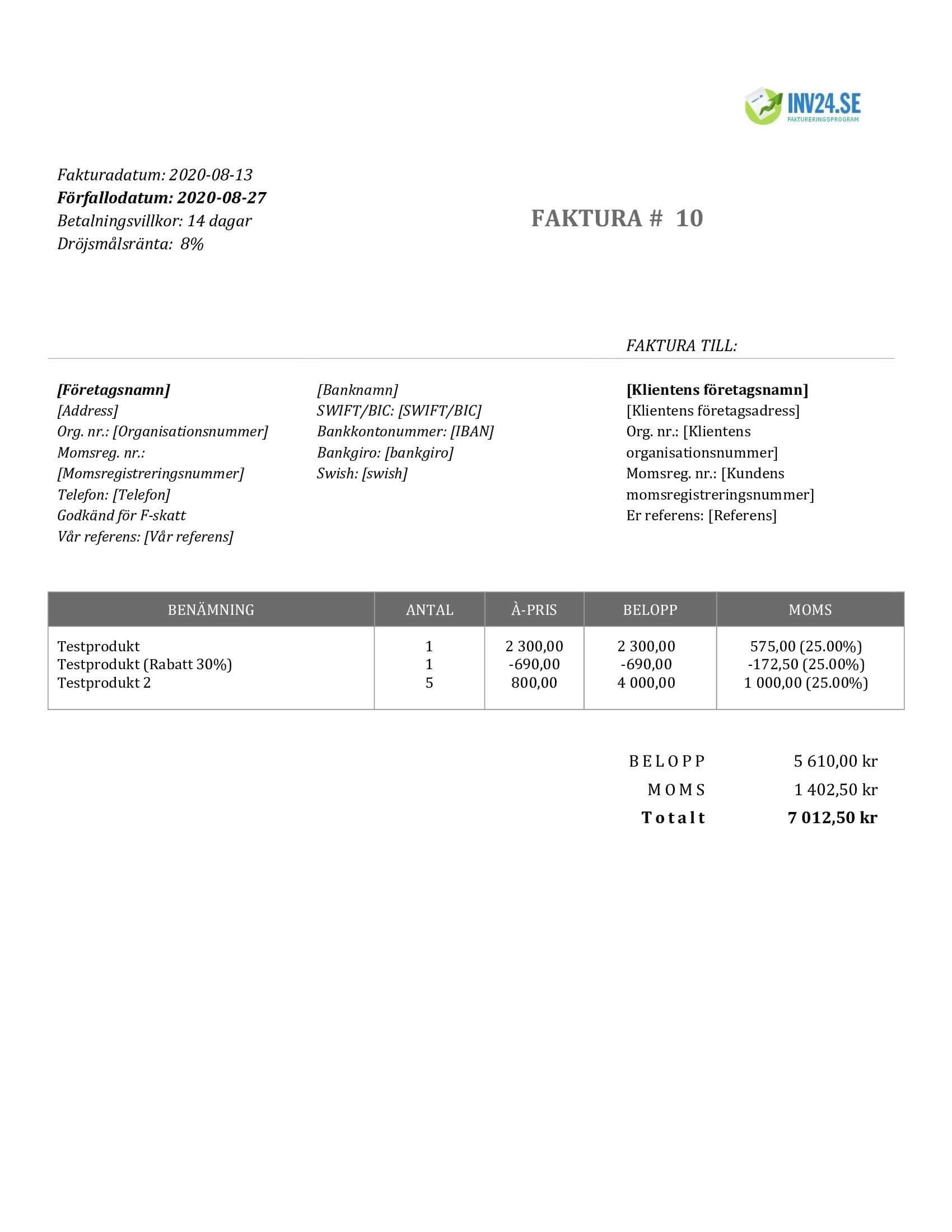 faktura exempel (Word / Google Docs)