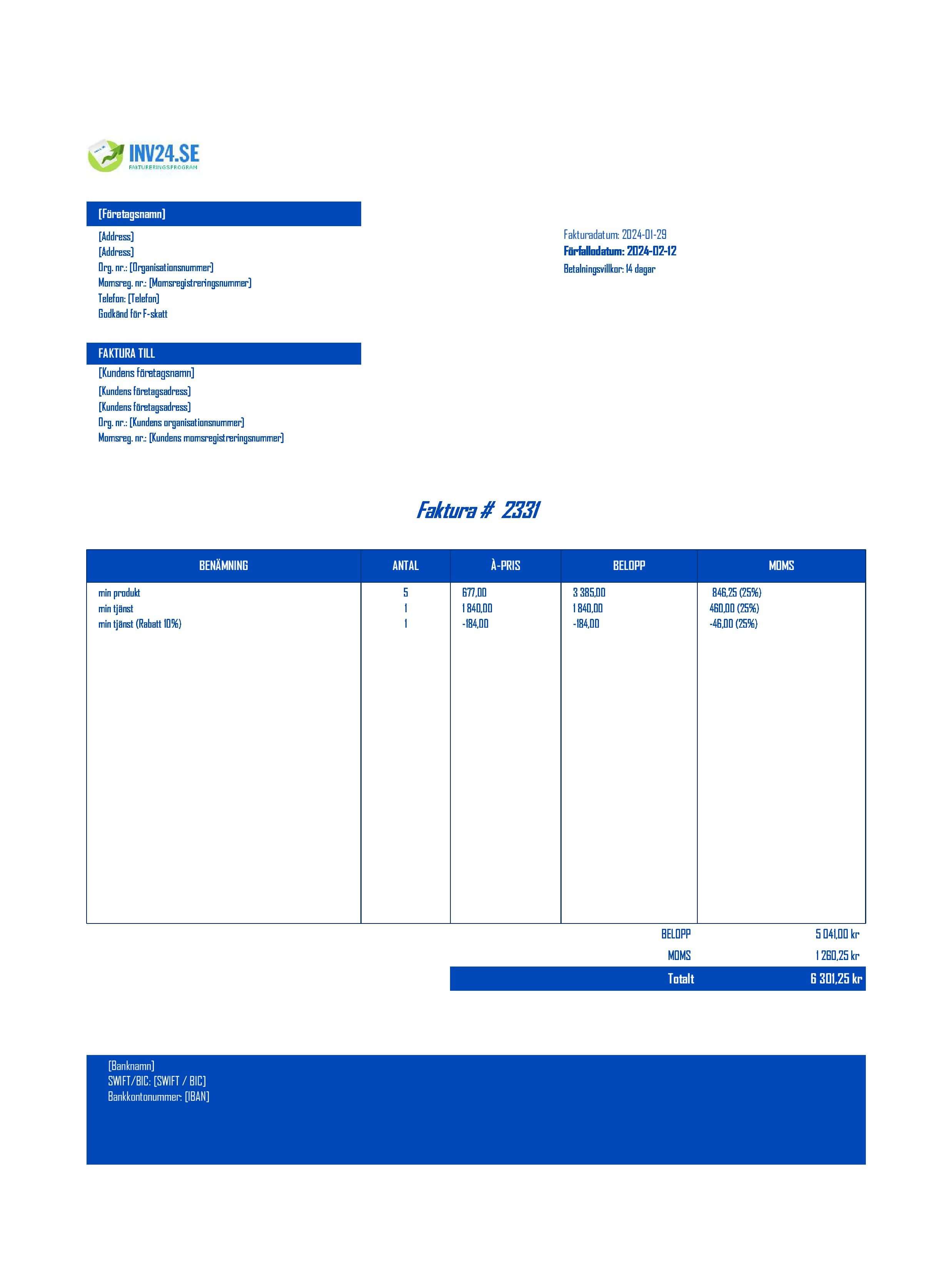 försäljningsfakturamall (Excel / Google Sheets)