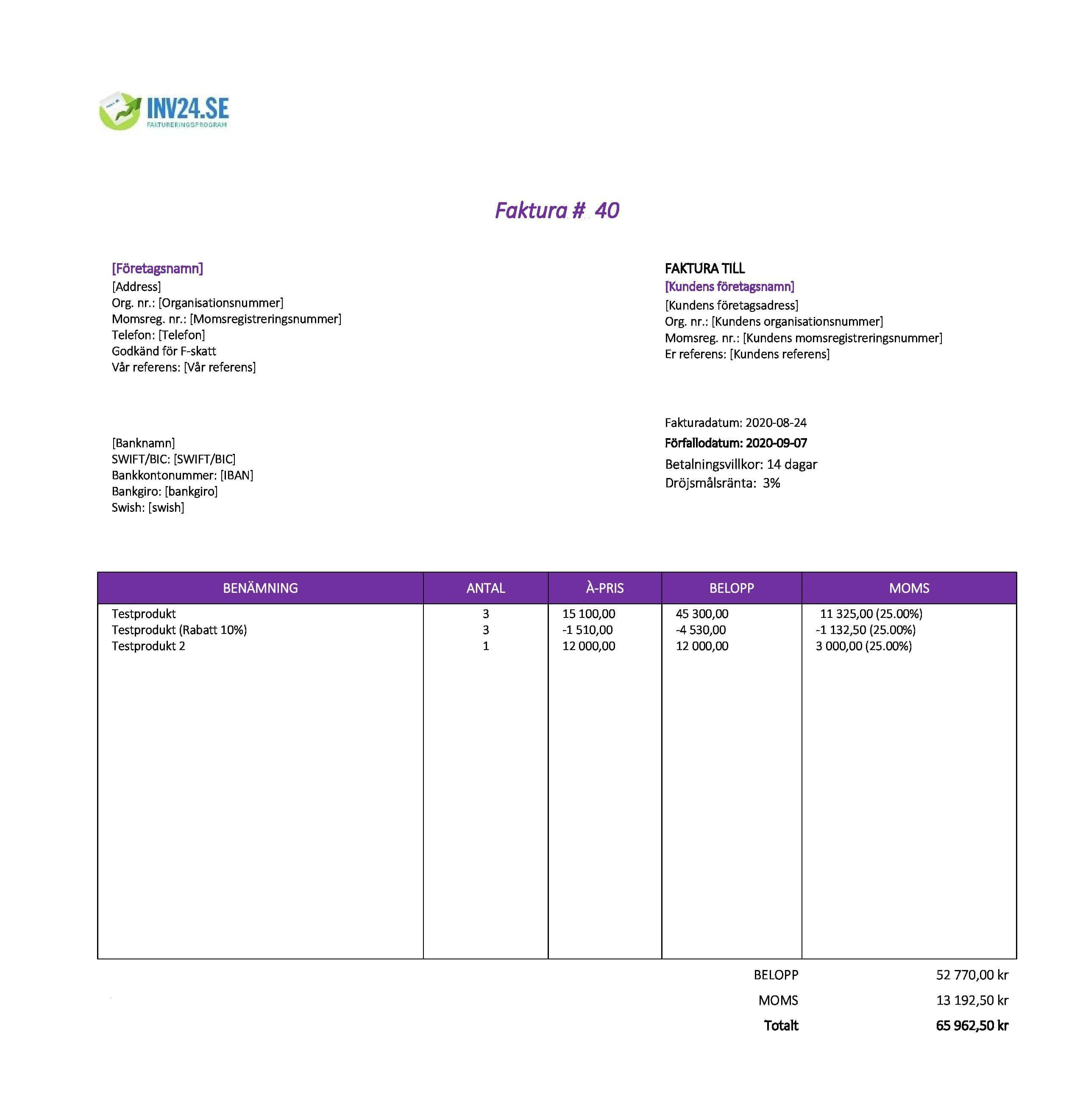 snygg fakturamall (Excel / Google Sheets)