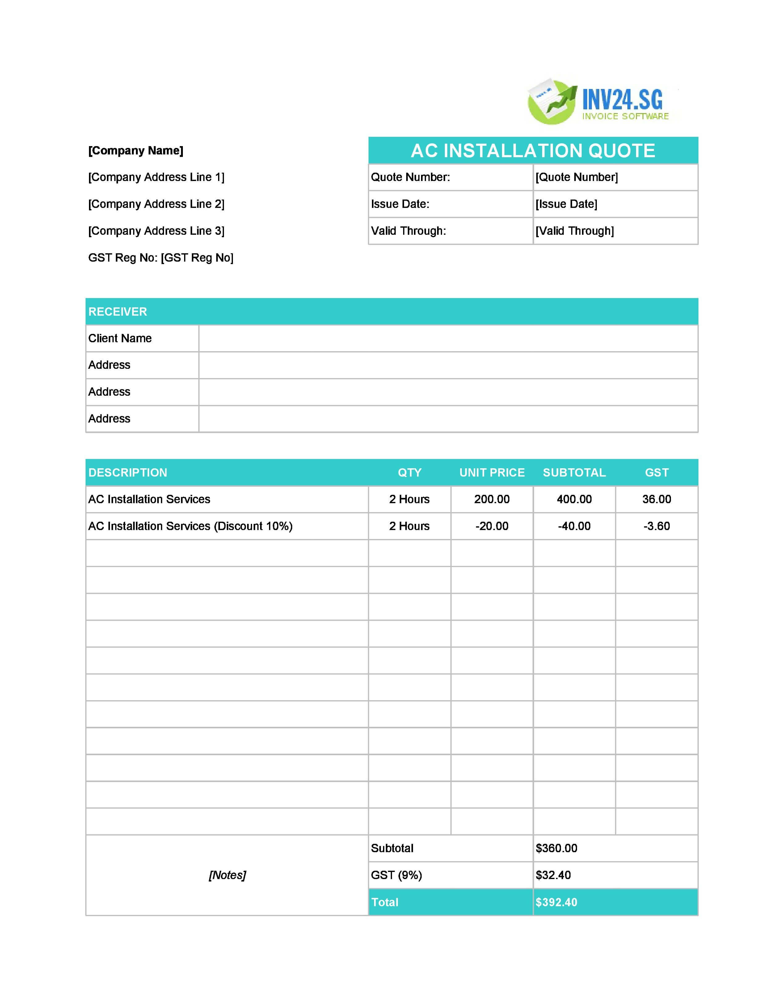 AC Installation Quote Template for Singapore (Excel / Google Sheets) AC Installation Quote Template for Singapore (Excel / Google Sheets)