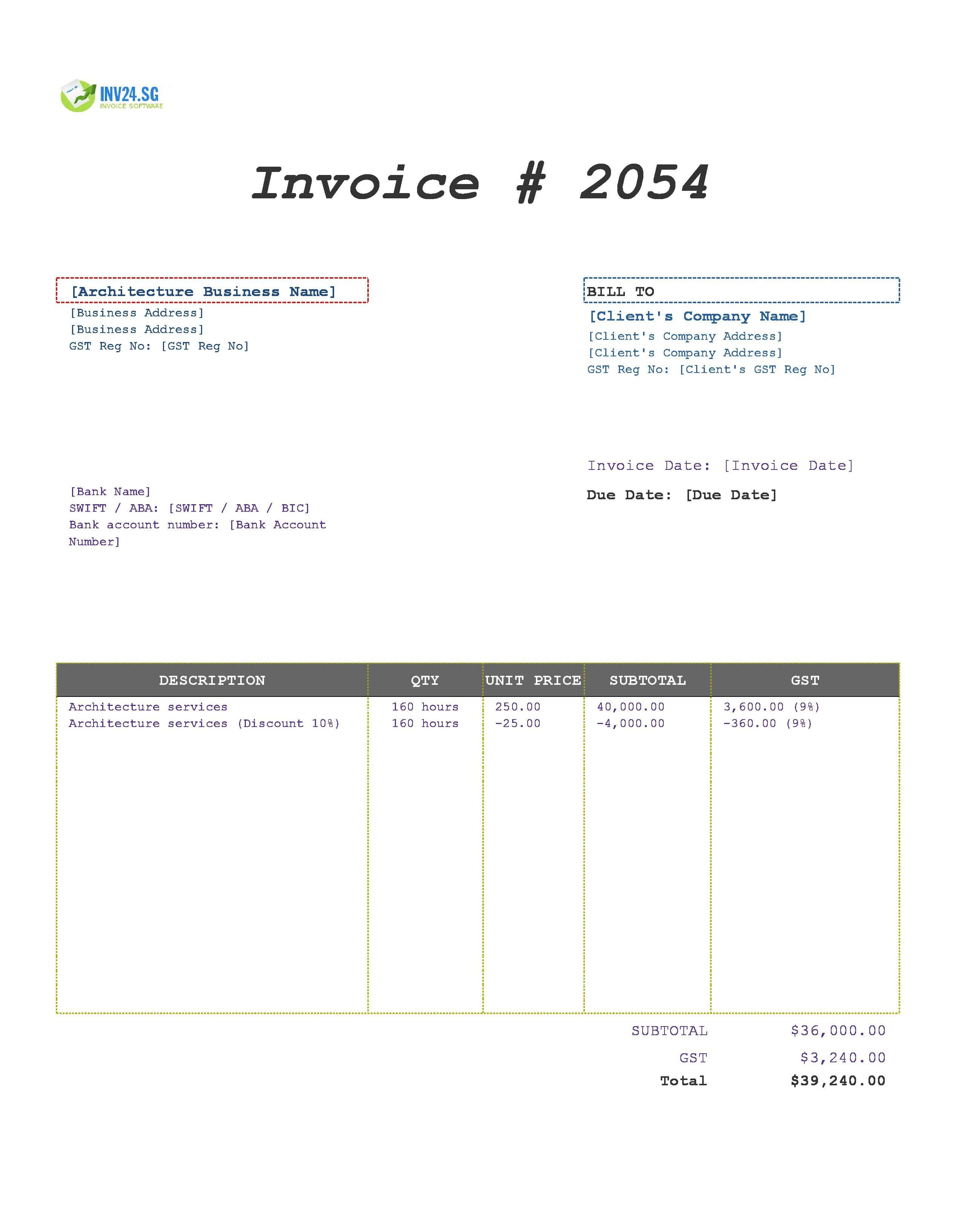 Architecture Invoice Template for Singapore (Excel / Google Sheets)