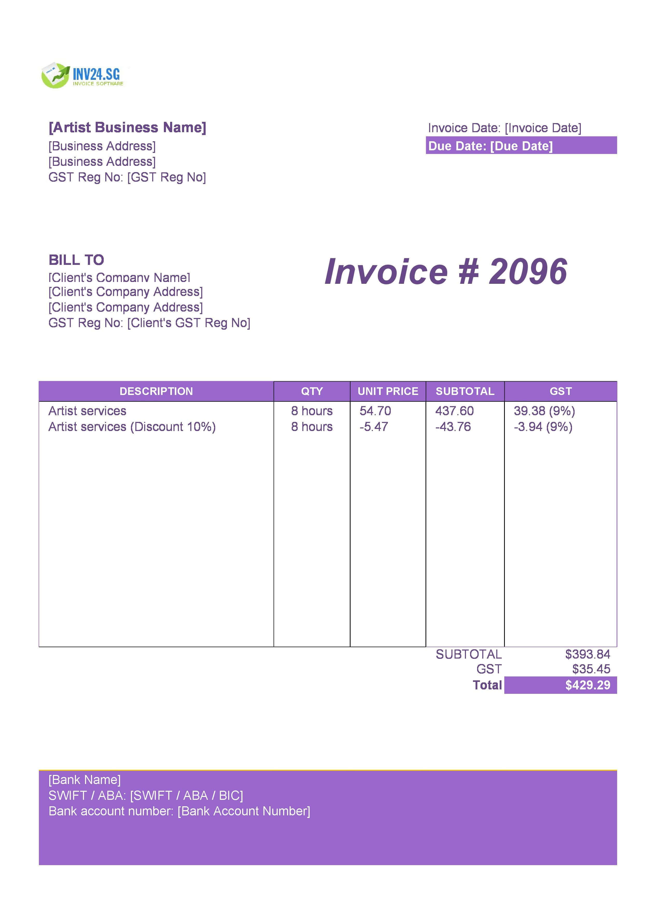 Artist Invoice Template for Singapore (Excel / Google Sheets)