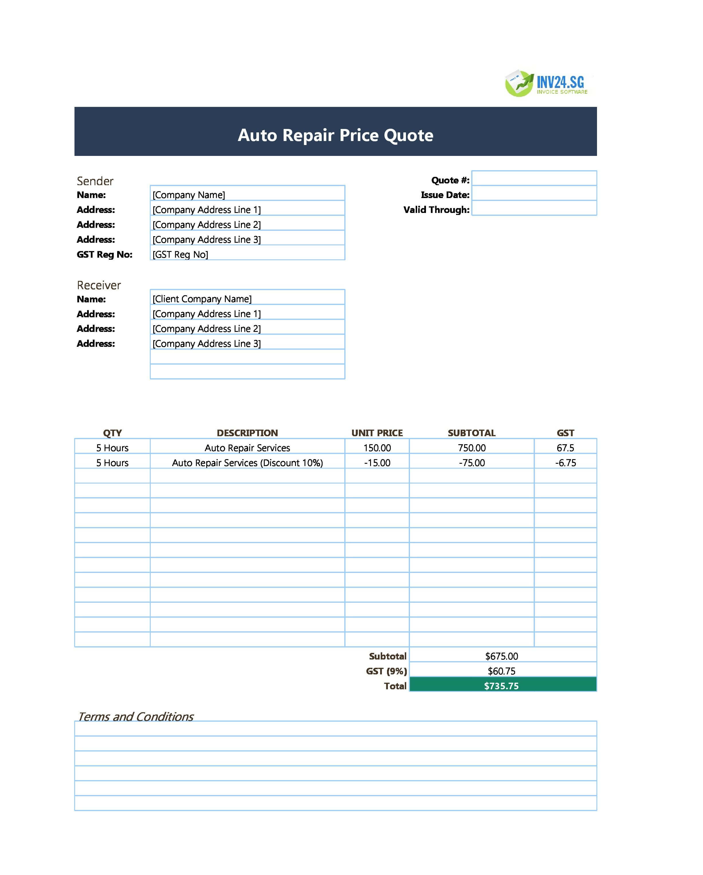 Auto Repair Shop Quote Template for Singapore (Excel / Google Sheets) Auto Repair Shop Quote Template for Singapore (Excel / Google Sheets)
