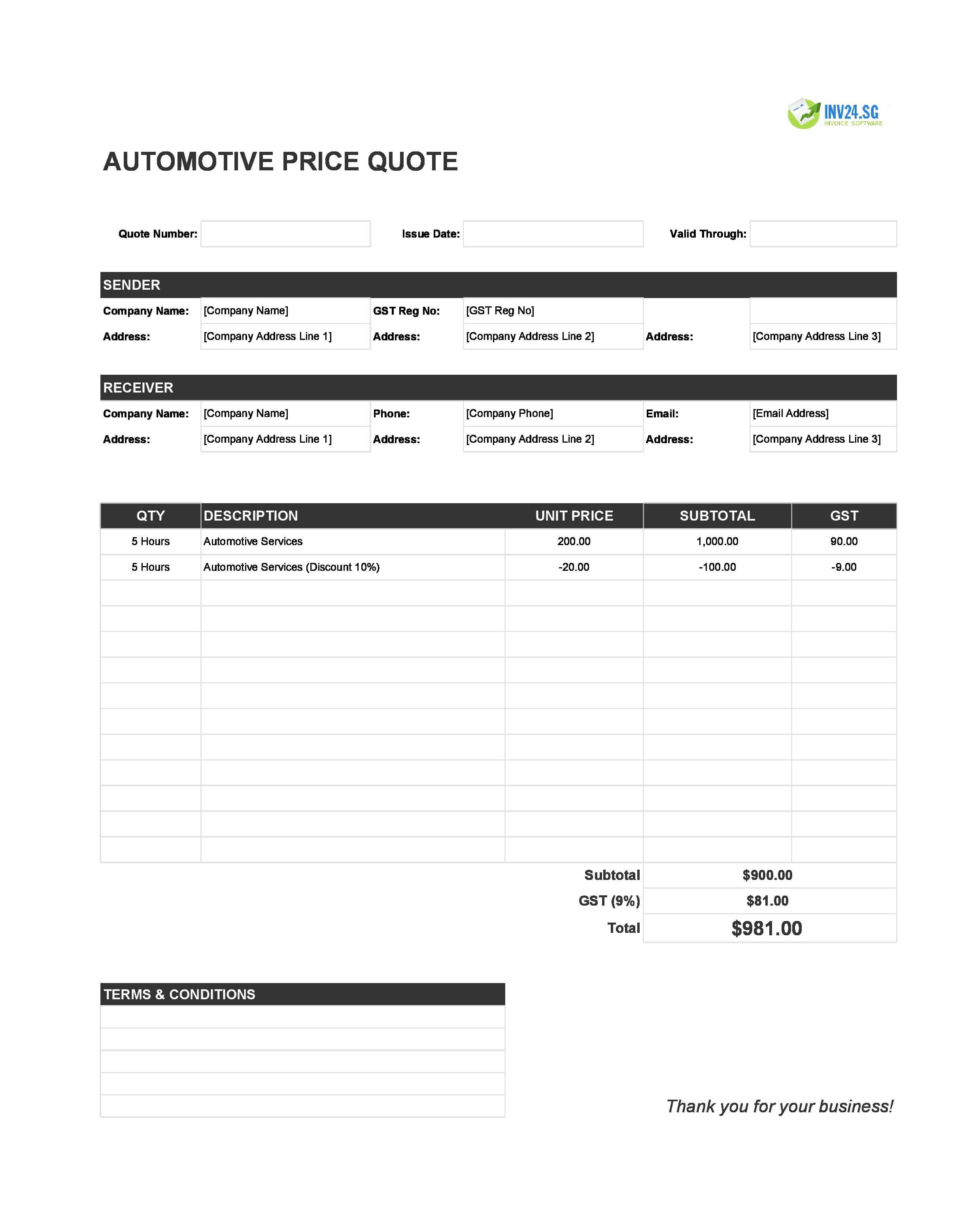 Automotive Quote Template for Singapore (Excel / Google Sheets)