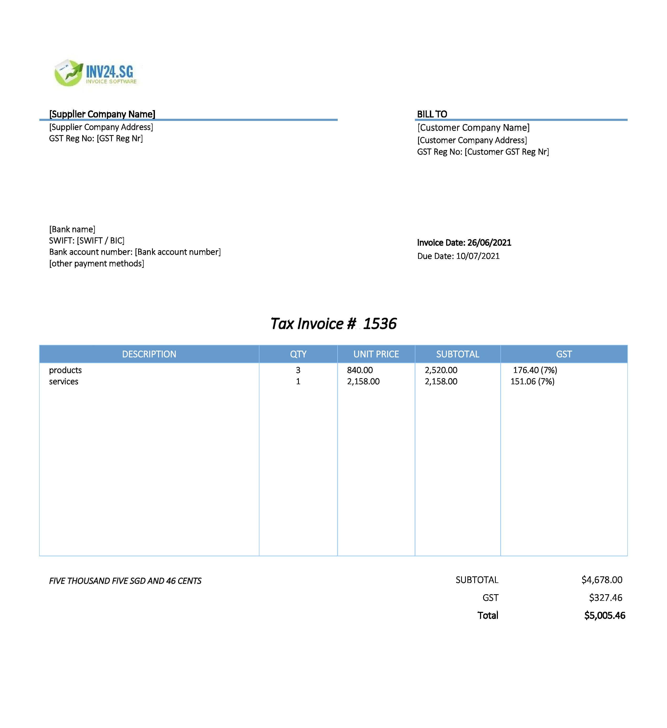 Basic Invoice Template Singapore (Excel / Google Sheets)