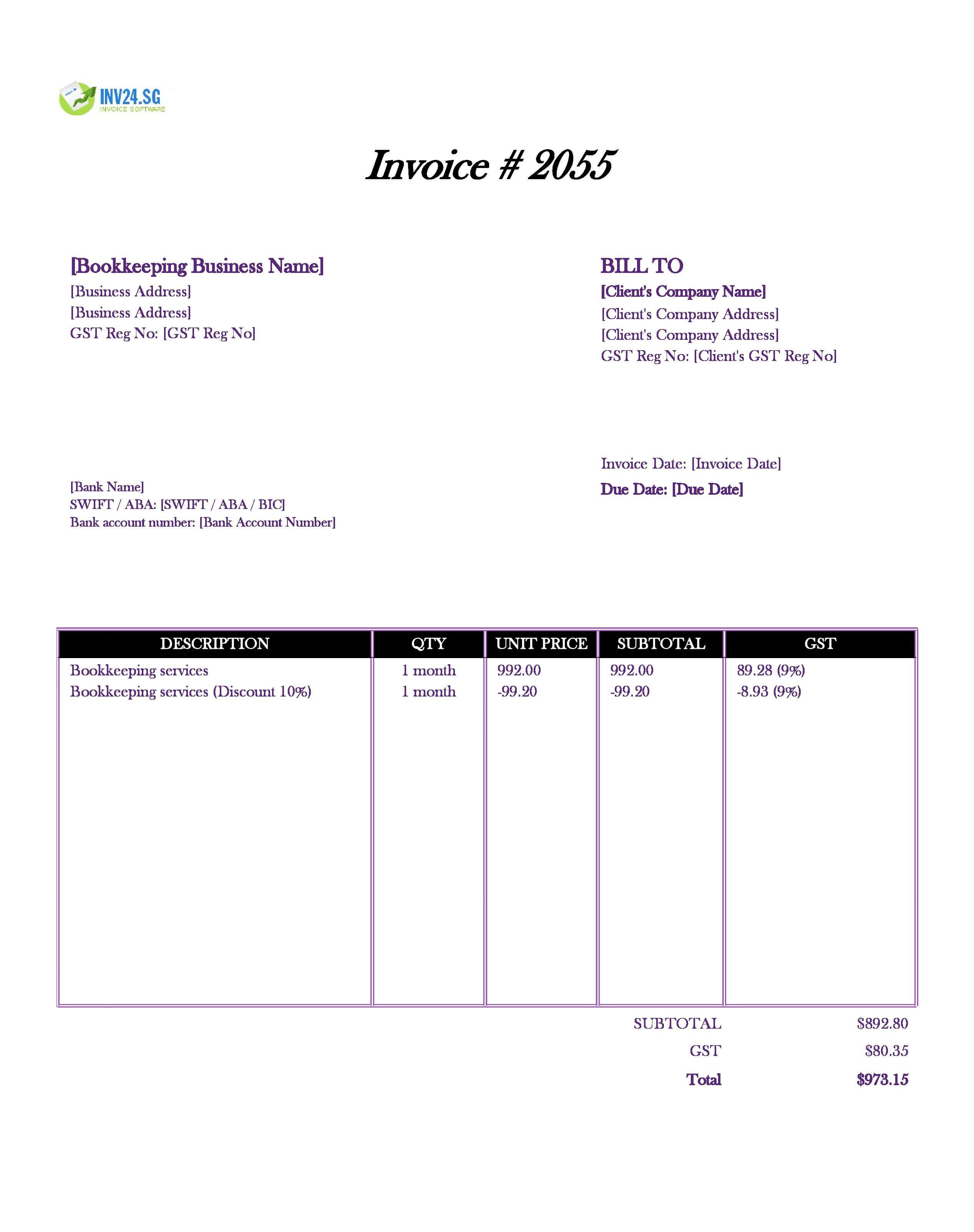 Bookkeeping Invoice Template for Singapore (Excel / Google Sheets)