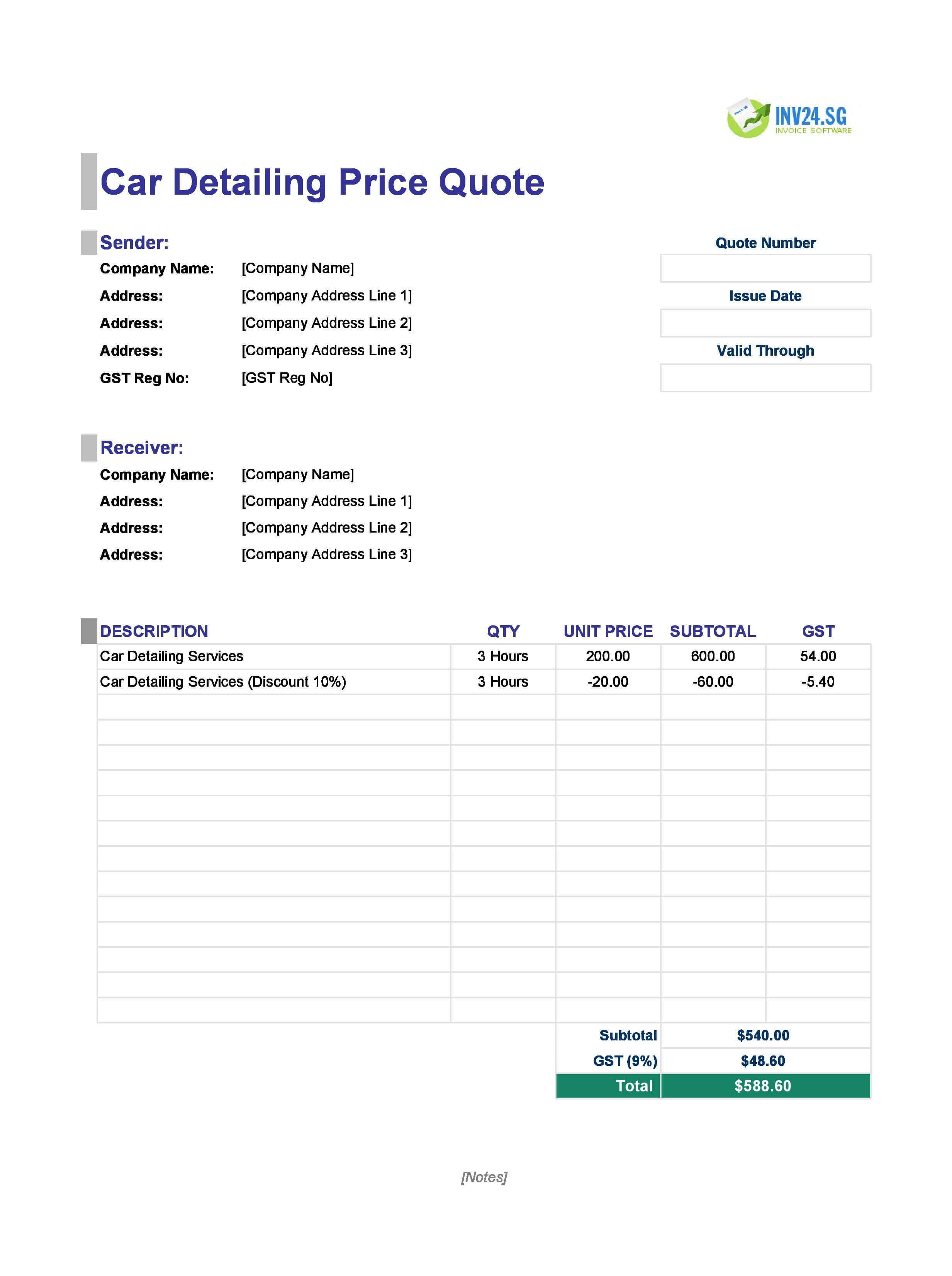 Car Detailing Quote Template for Singapore (Excel / Google Sheets)