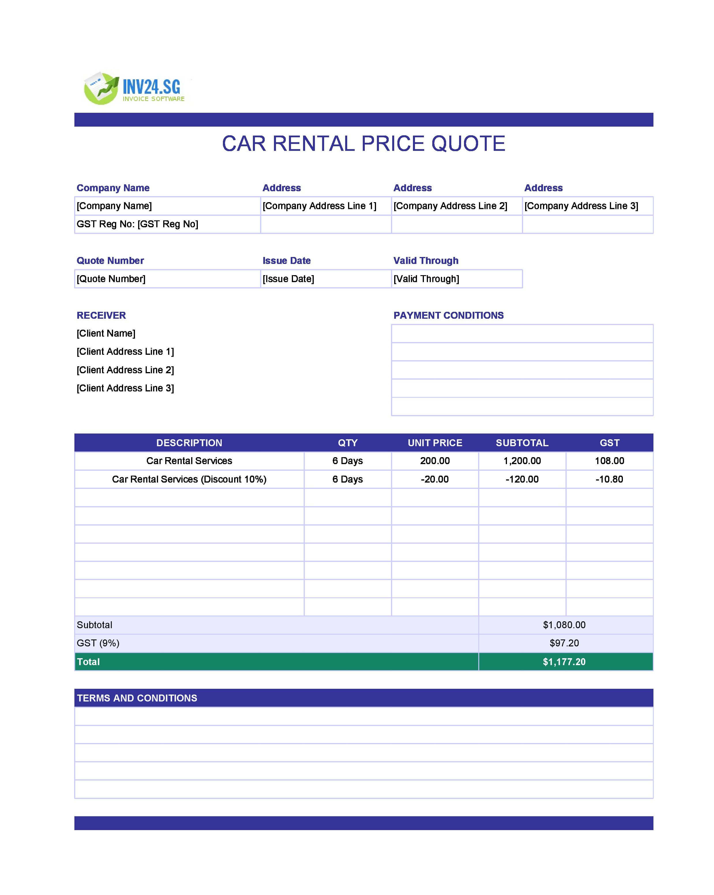 Car Rental Quote Template for Singapore (Excel / Google Sheets)