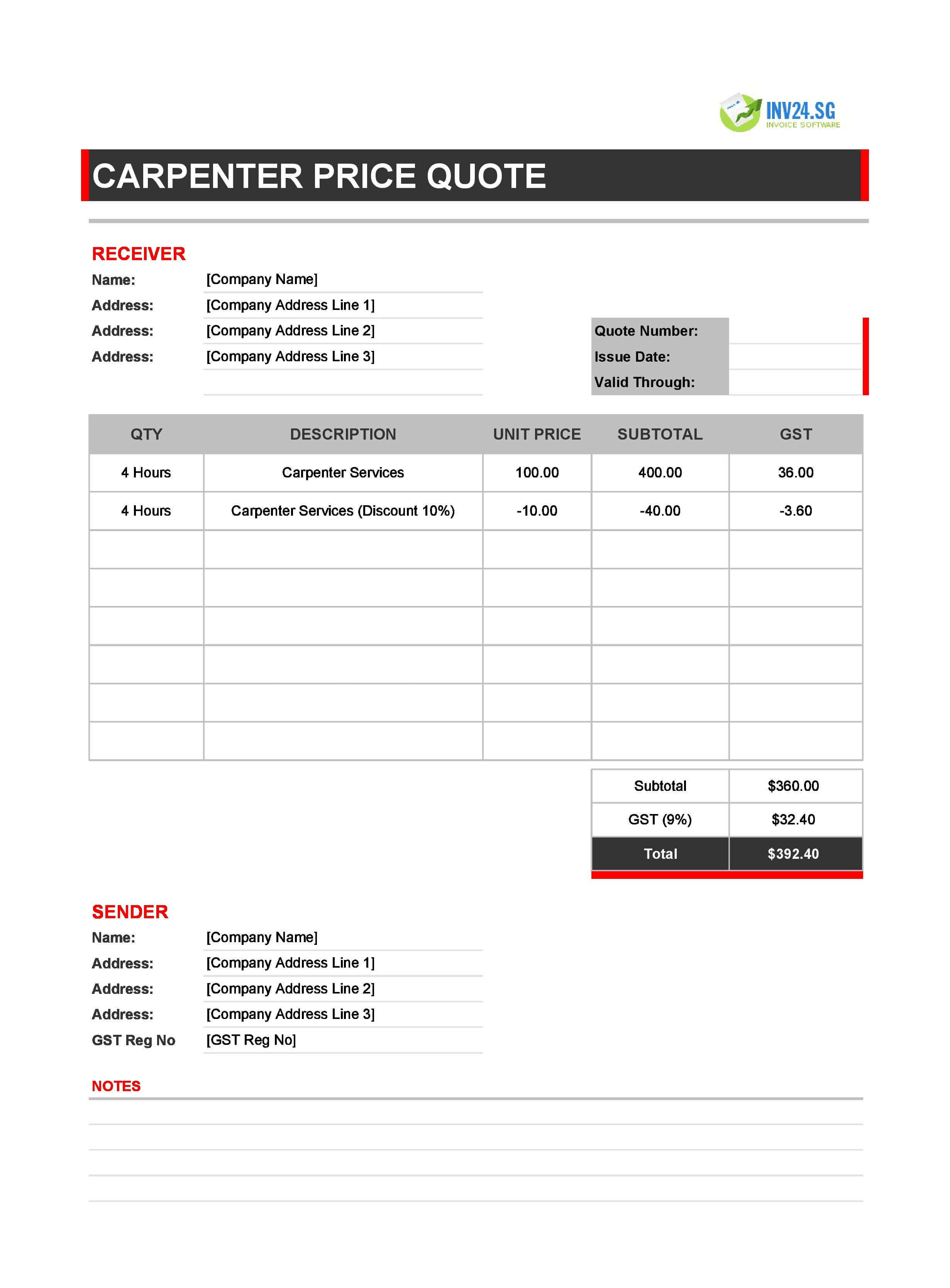 Carpenter Quote Template for Singapore (Excel / Google Sheets) Carpenter Quote Template for Singapore (Excel / Google Sheets)