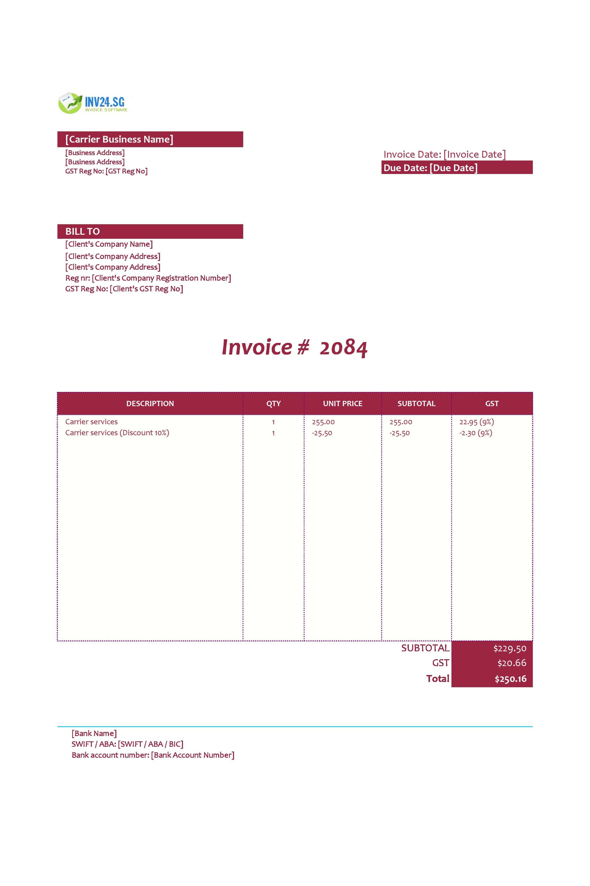 Carrier Invoice Template for Singapore (Excel / Google Sheets)