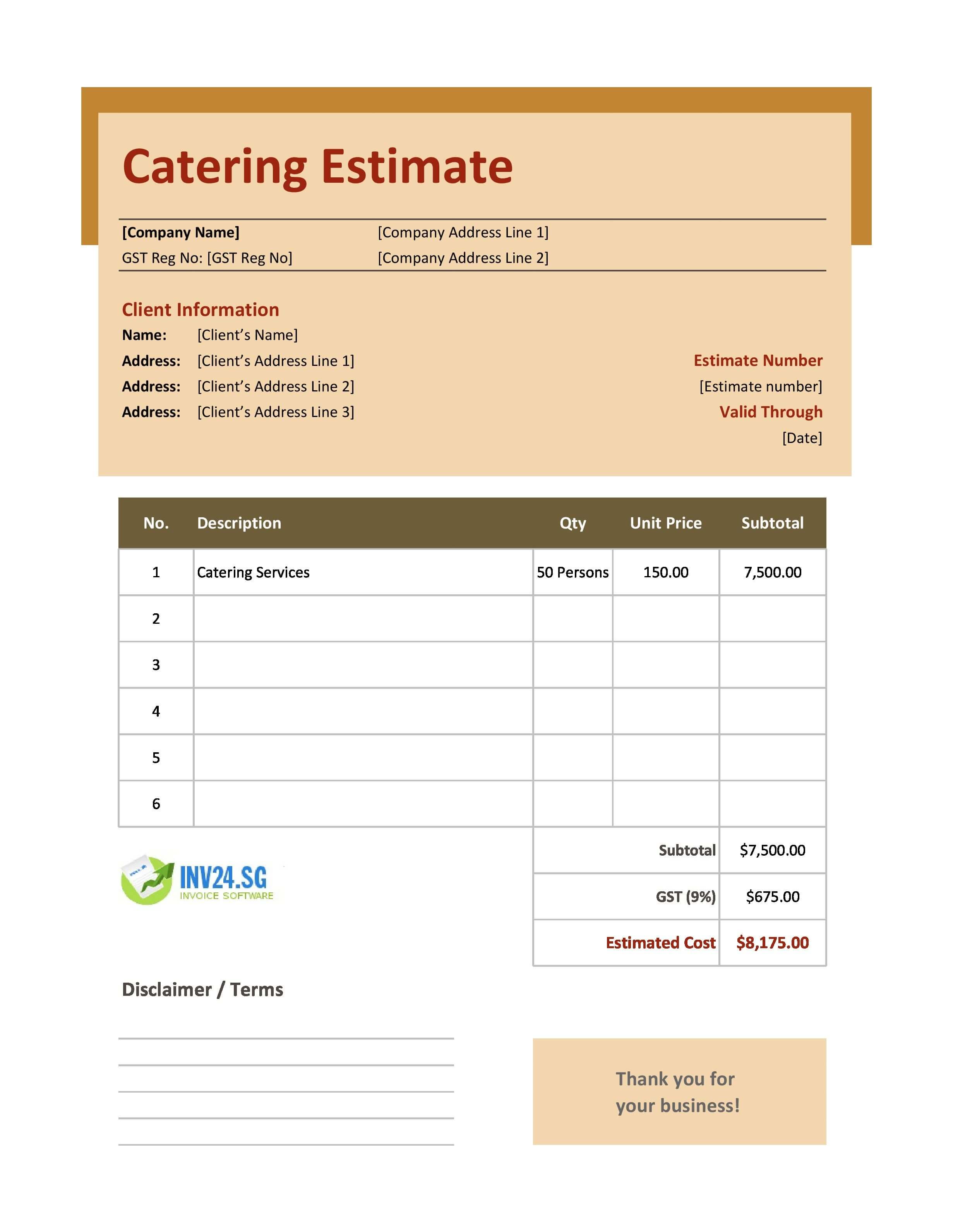 Catering Estimate Template for Singapore (Excel / Google Sheets) Catering Estimate Template for Singapore (Excel / Google Sheets)