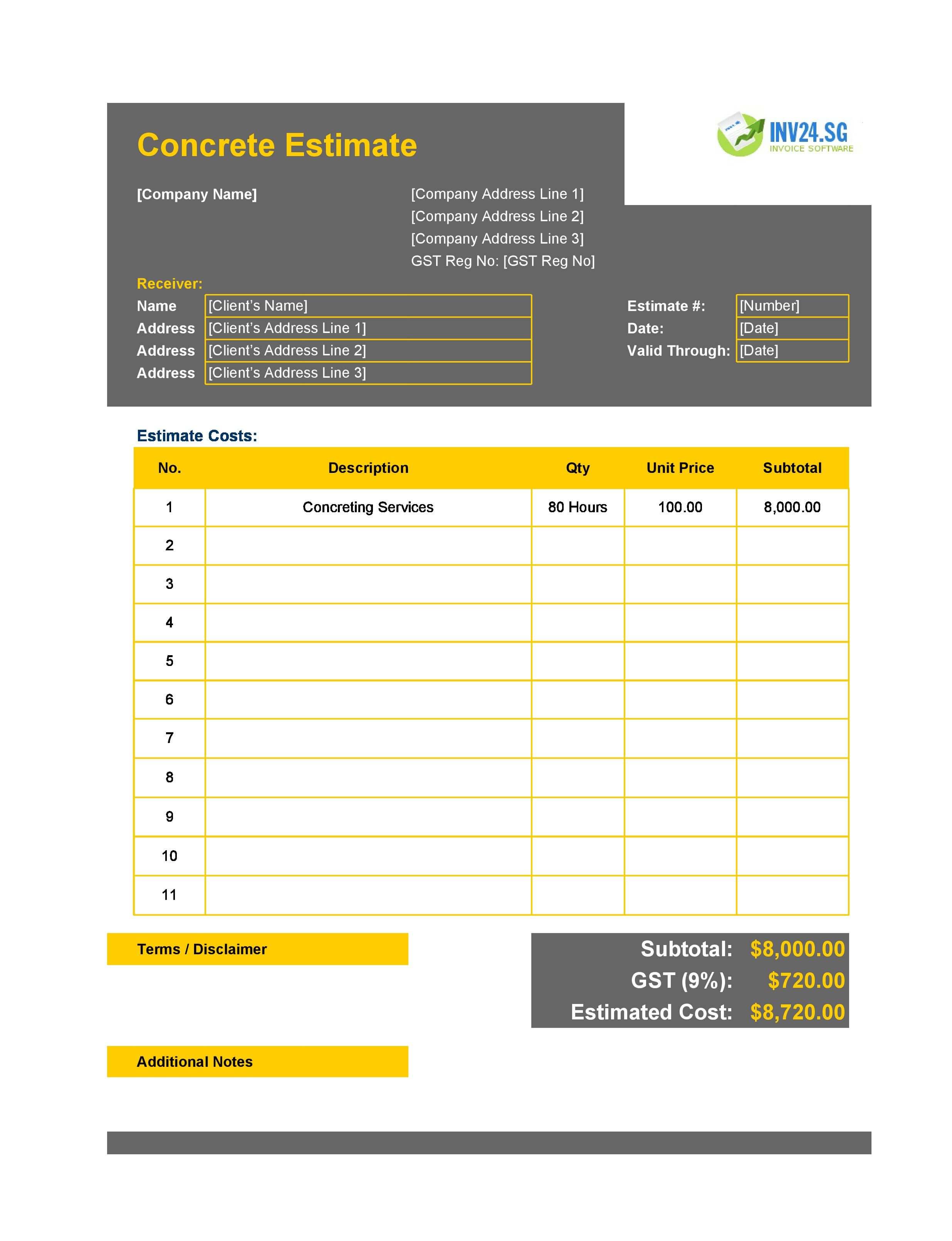 Concrete Estimate Template for Singapore (Excel / Google Sheets)