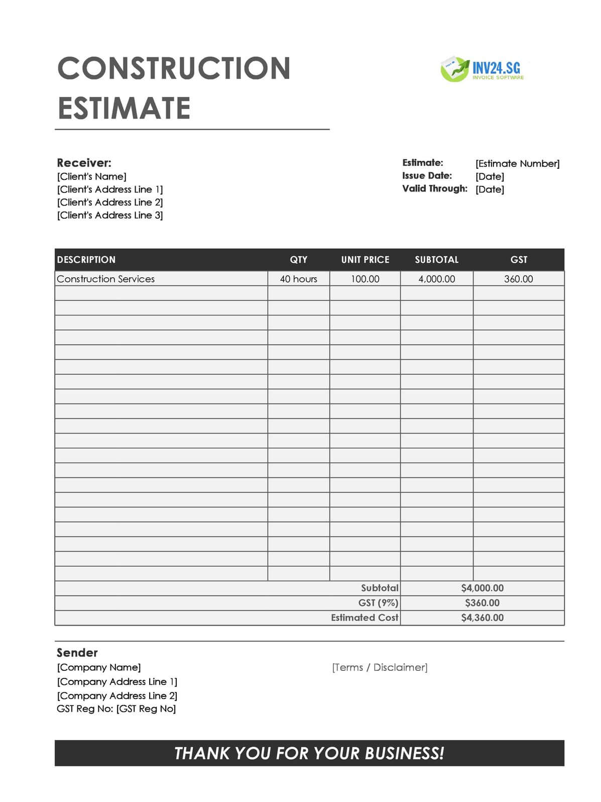 Construction Estimate Template