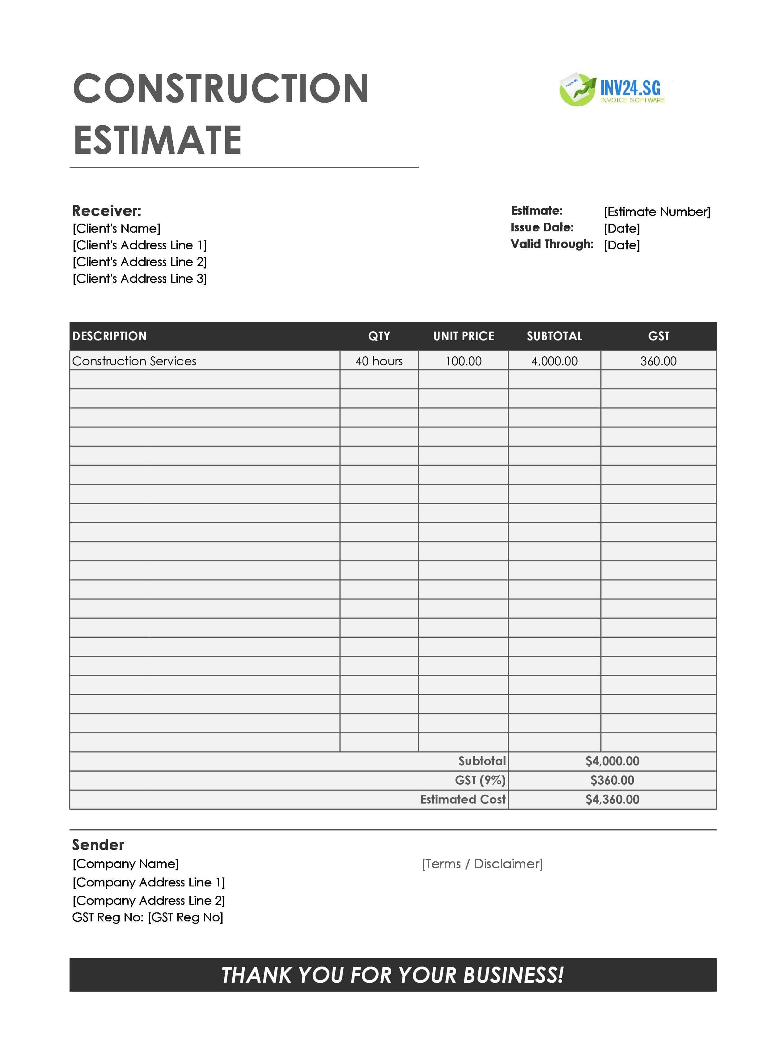 Construction Estimate Template for Singapore (Excel / Google Sheets)