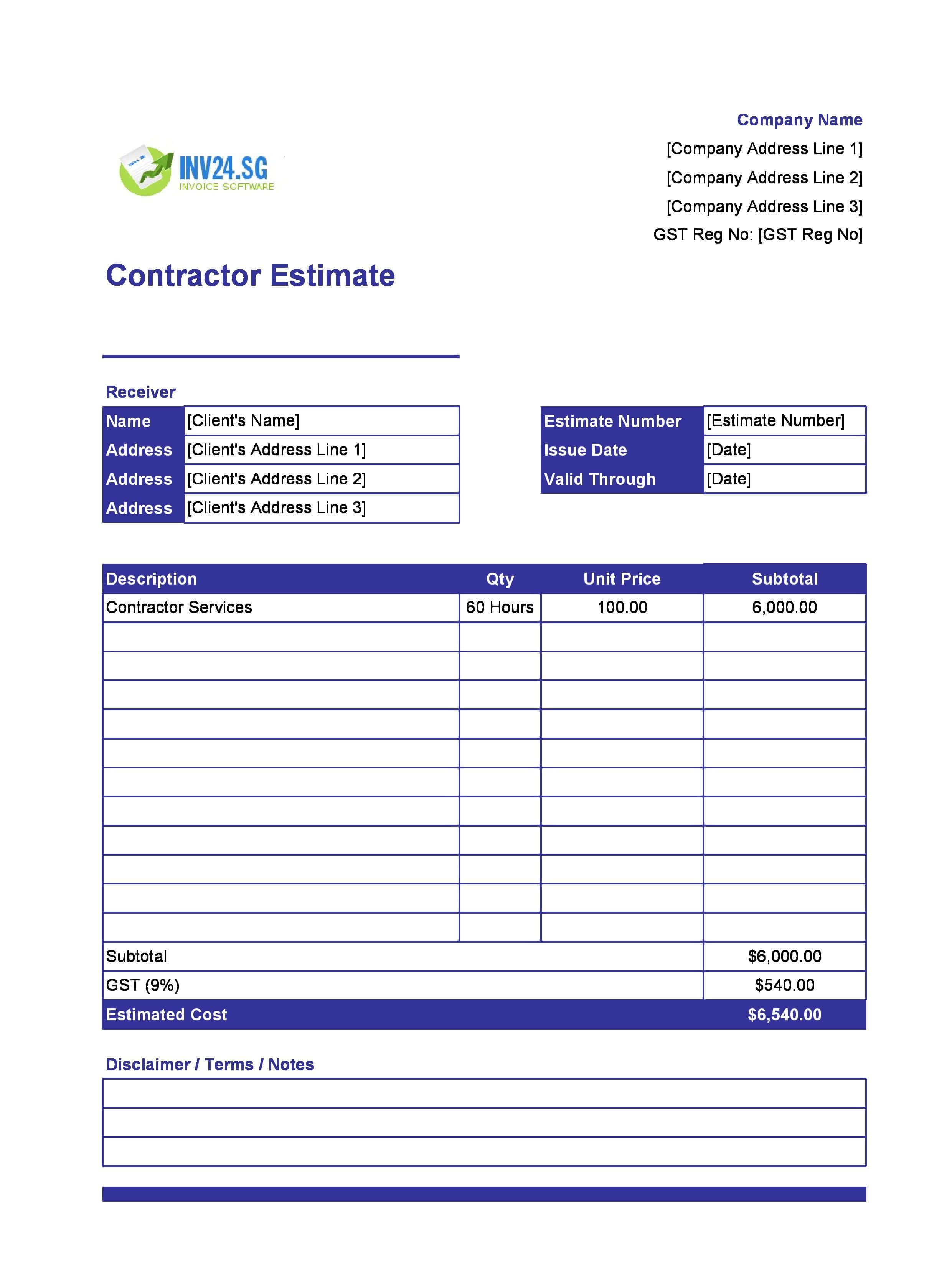 Contractor Estimate Template for Singapore (Excel / Google Sheets)