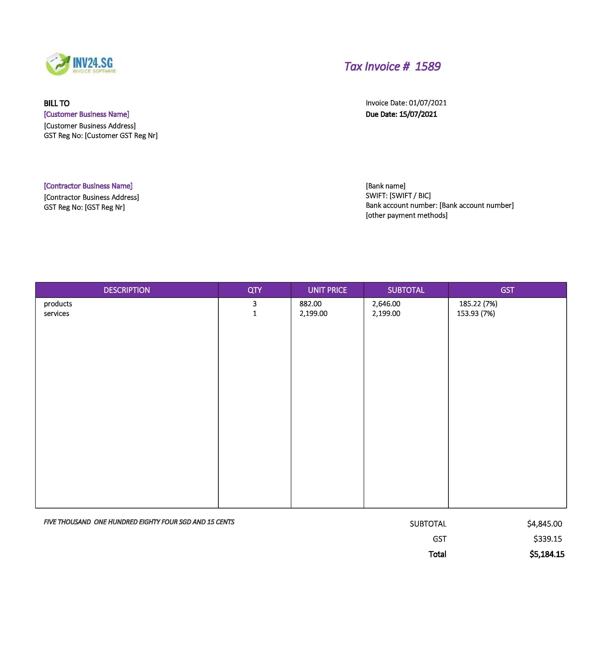 contractor invoice template singapore