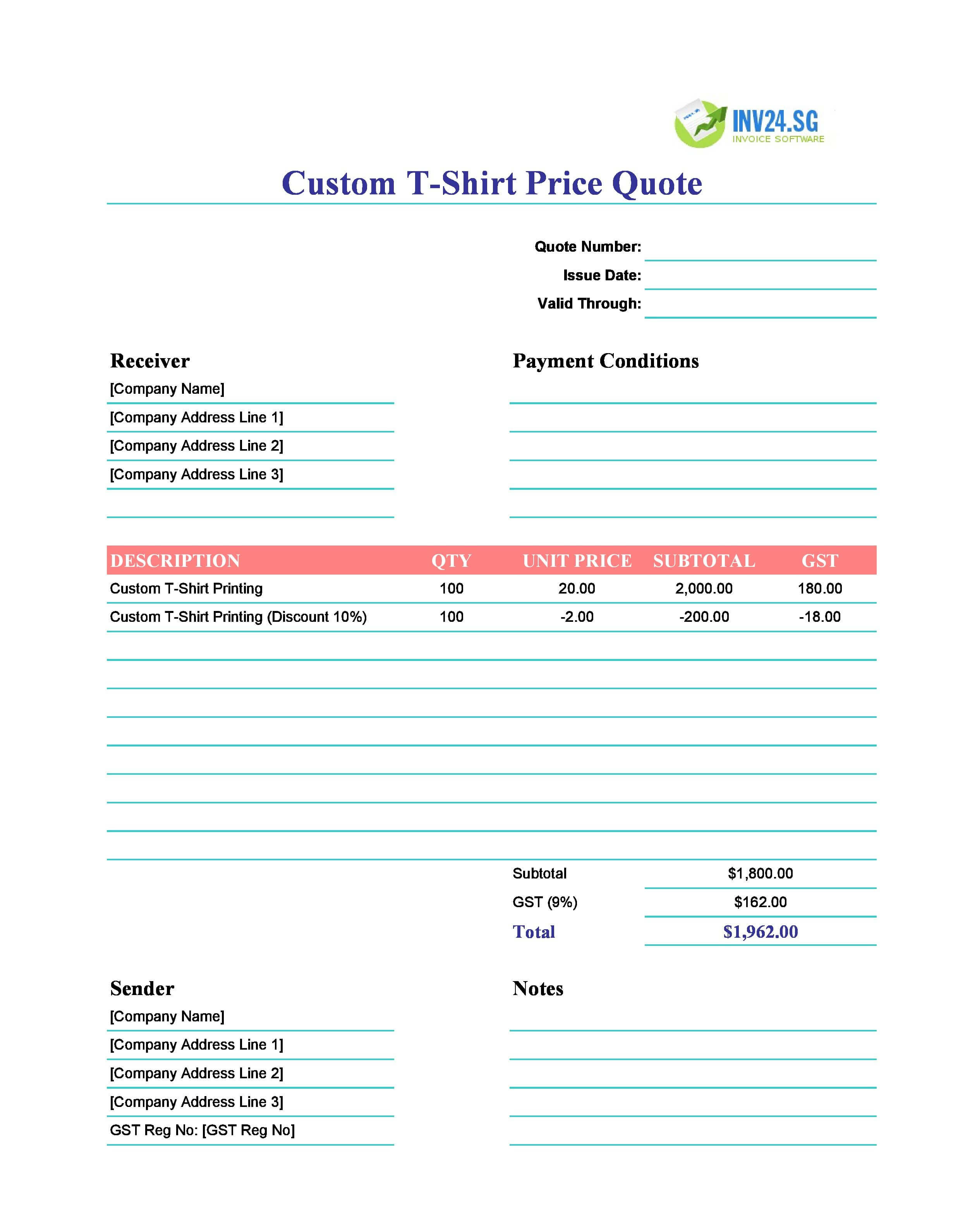 Custom T-Shirt Quote Template for Singapore (Excel / Google Sheets) Custom T-Shirt Quote Template for Singapore (Excel / Google Sheets)