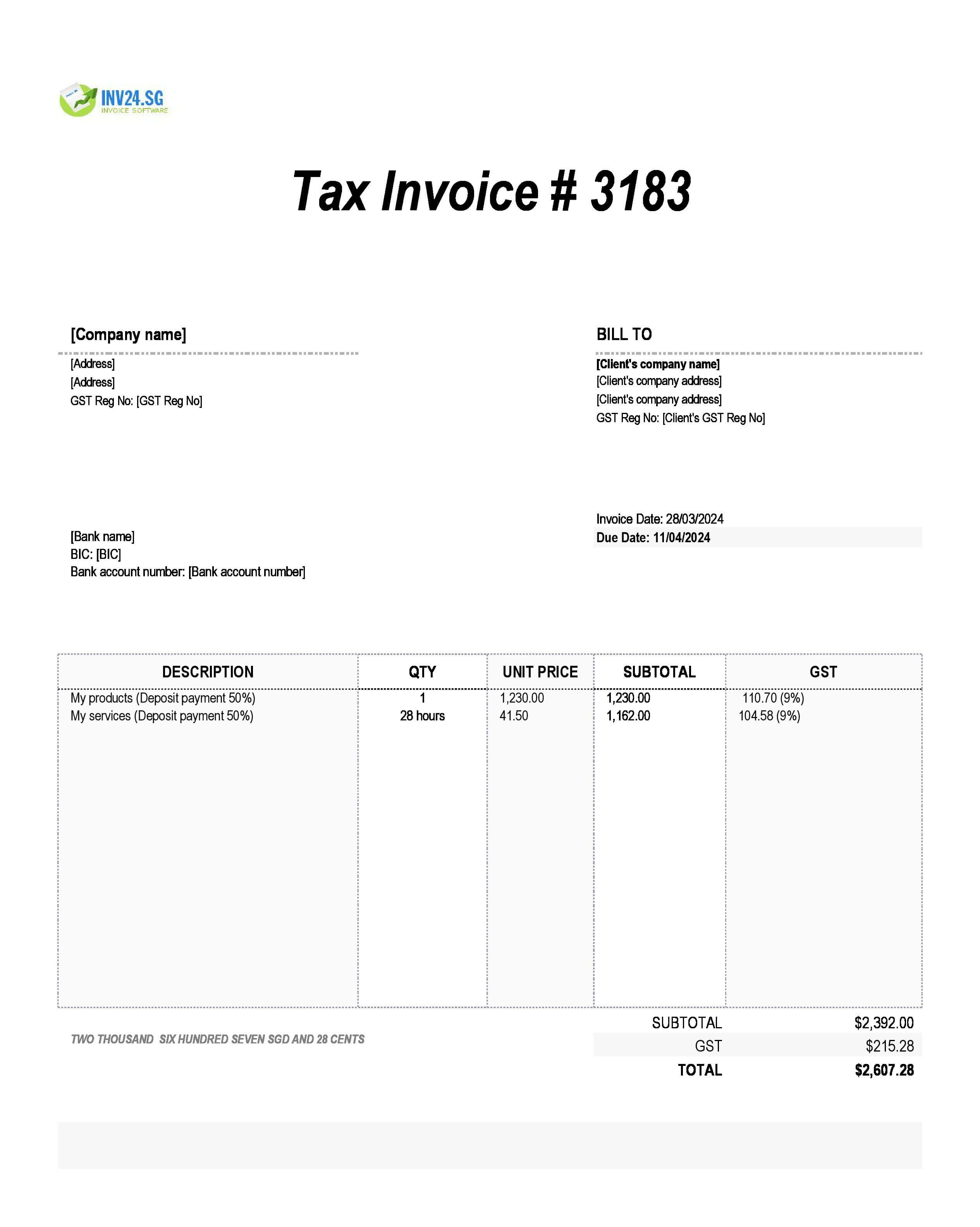 deposit invoice sample