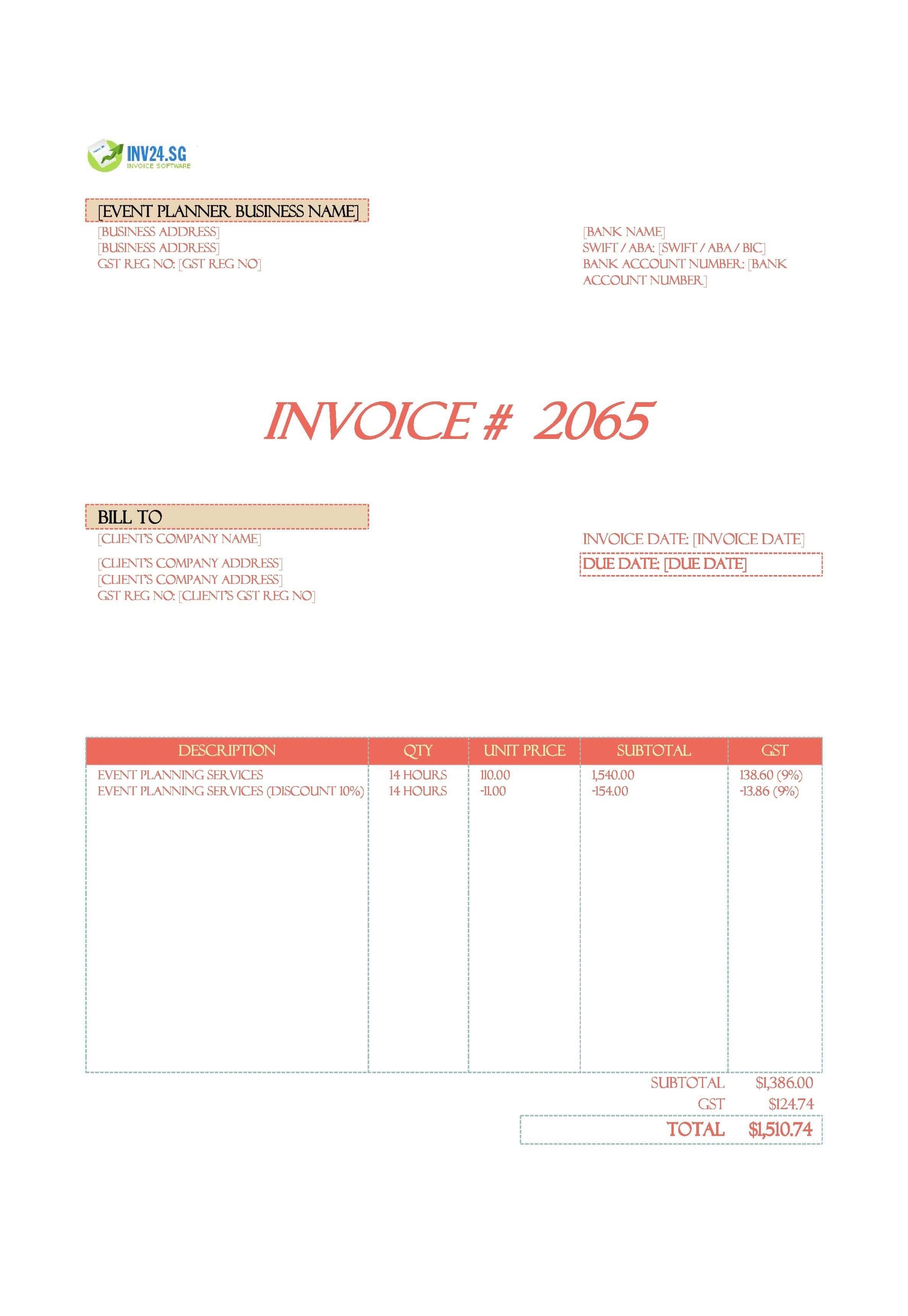 Event Planner Invoice Template for Singapore (Excel / Google Sheets)