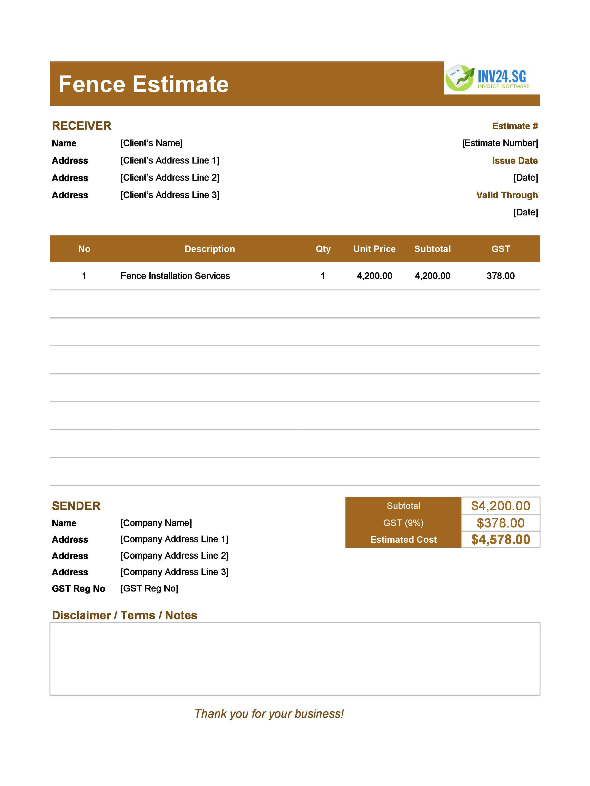 Fence Estimate Template for Singapore (Excel / Google Sheets)