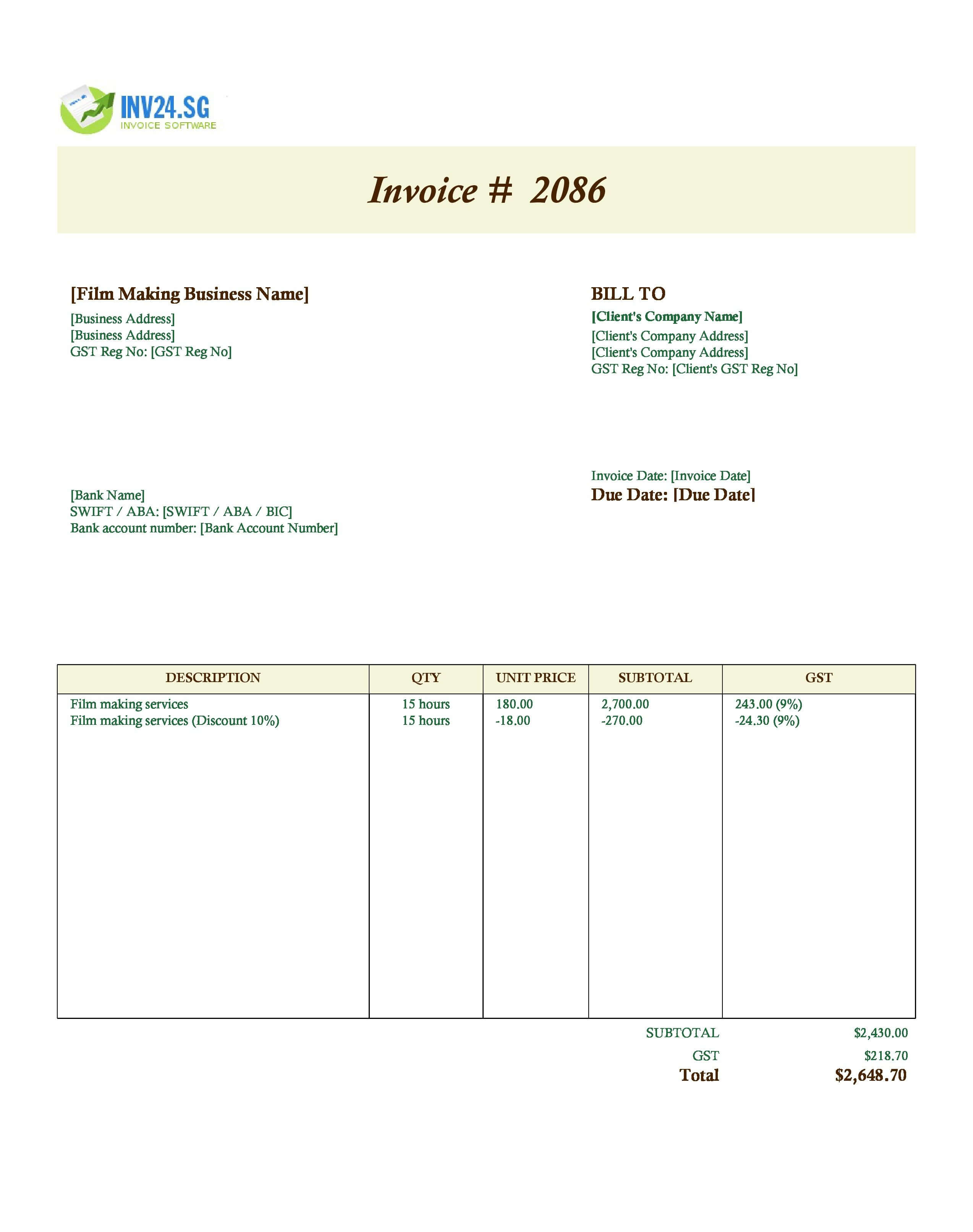 Filmmaking Invoice Template for Singapore (Excel / Google Sheets)